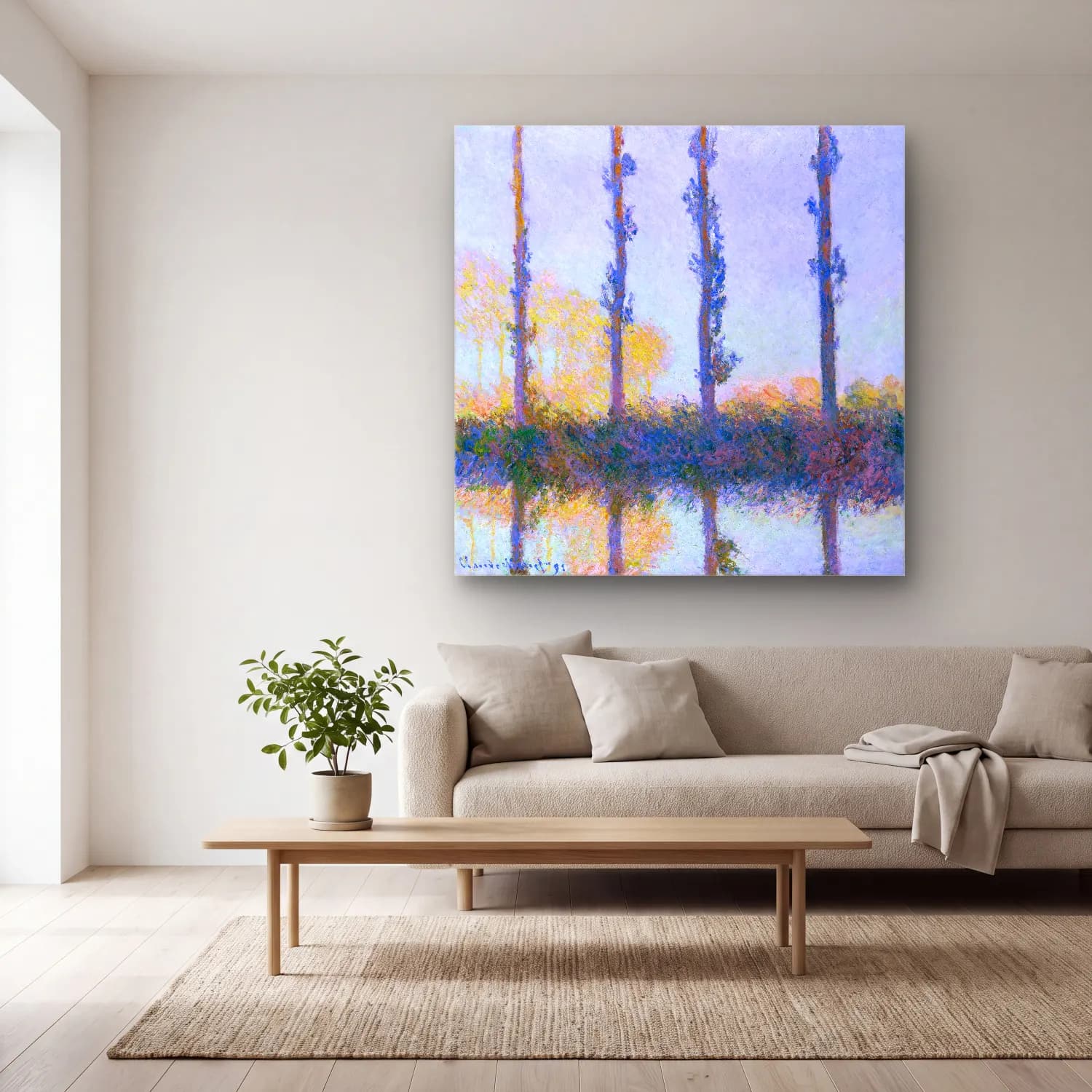 Claude Monet – The Four Trees cam tablo — açık renk salonda