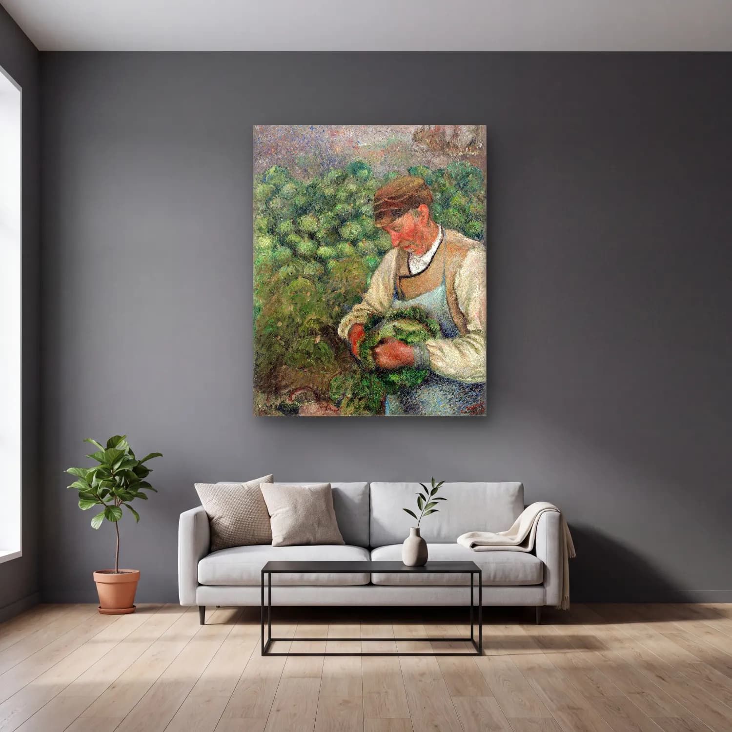 The Gardener – Old Peasant with Cabbage cam tablo — gri duvarlı salonda