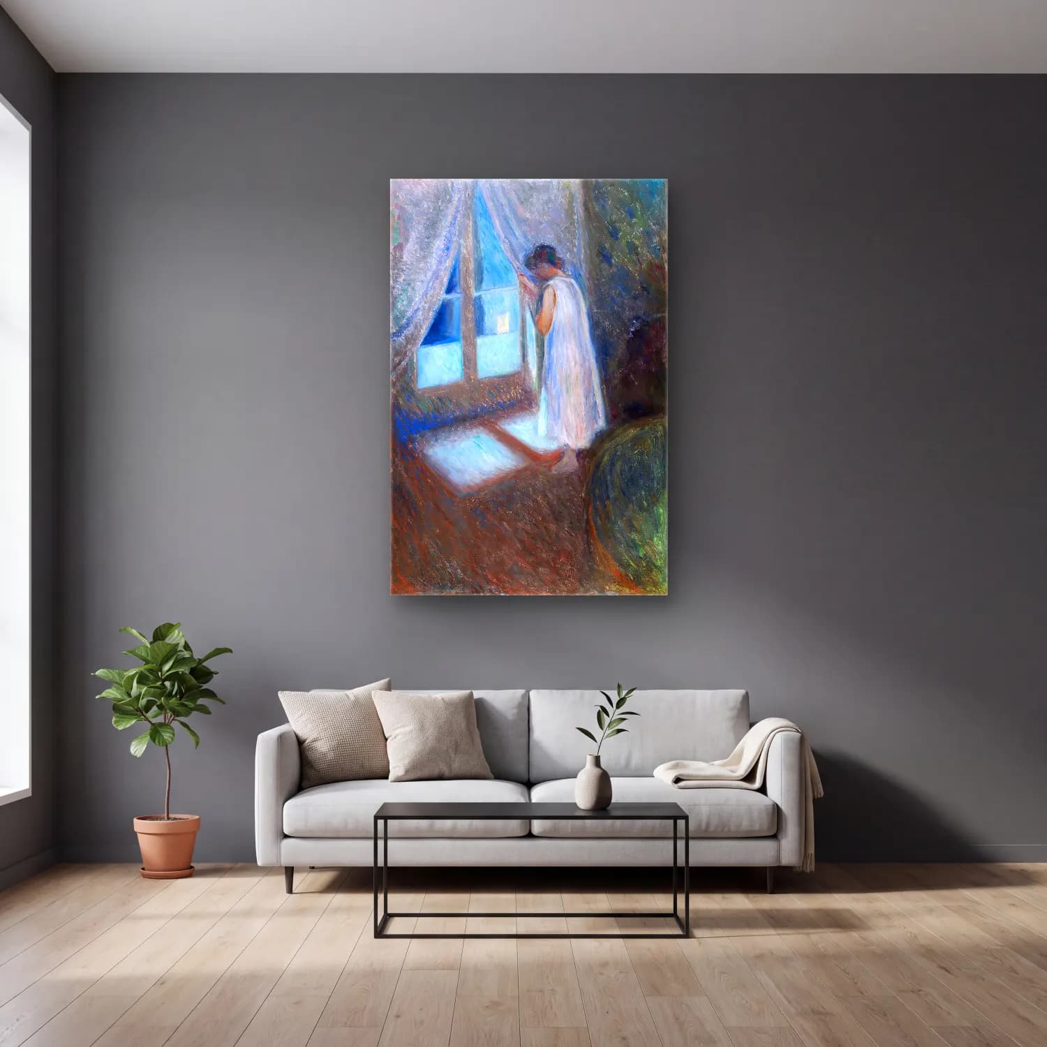 Edvard Munch – The Girl by the Window – Pastel Tonlar cam tablo — gri duvarlı salonda