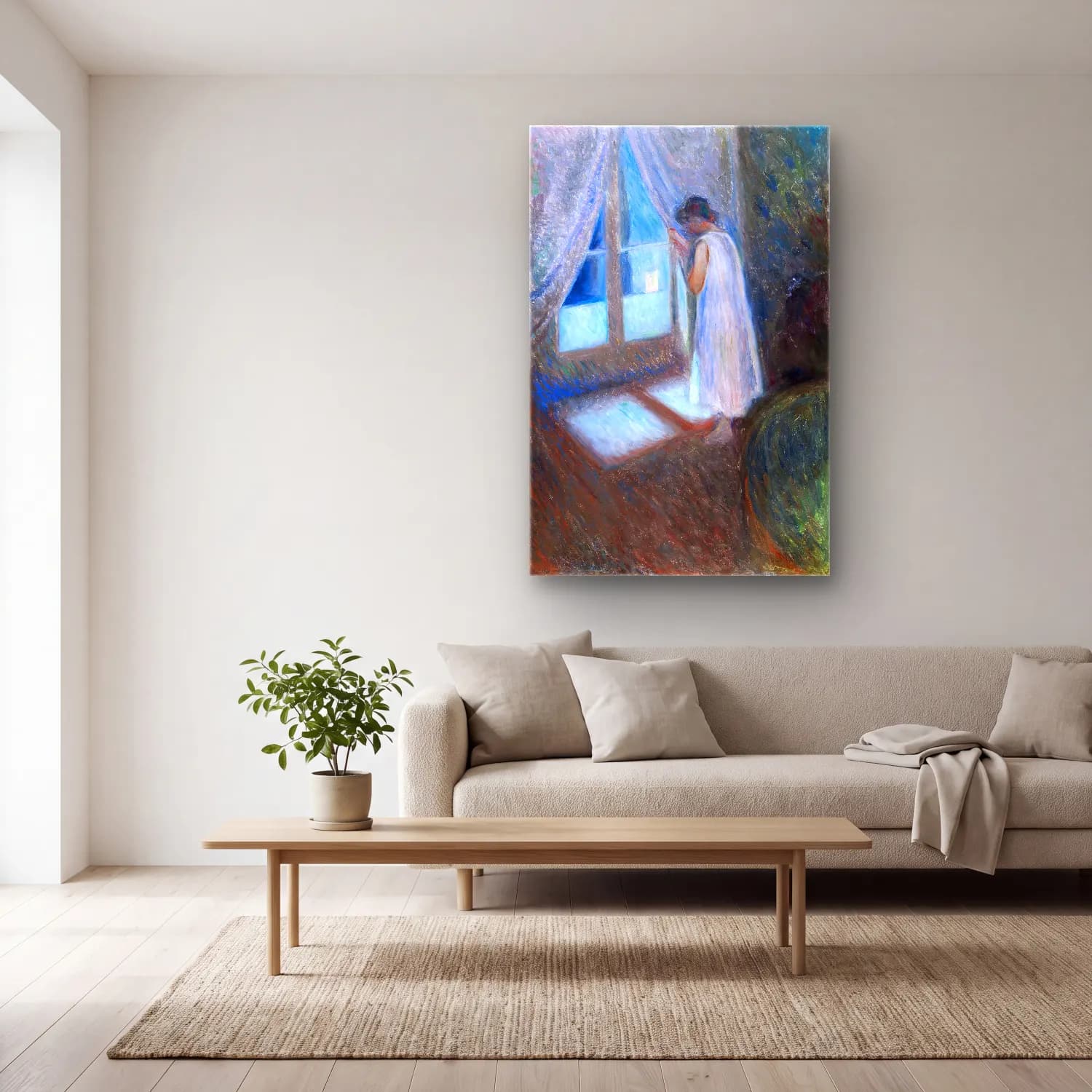 Edvard Munch – The Girl by the Window – Pastel Tonlar cam tablo — açık renk salonda