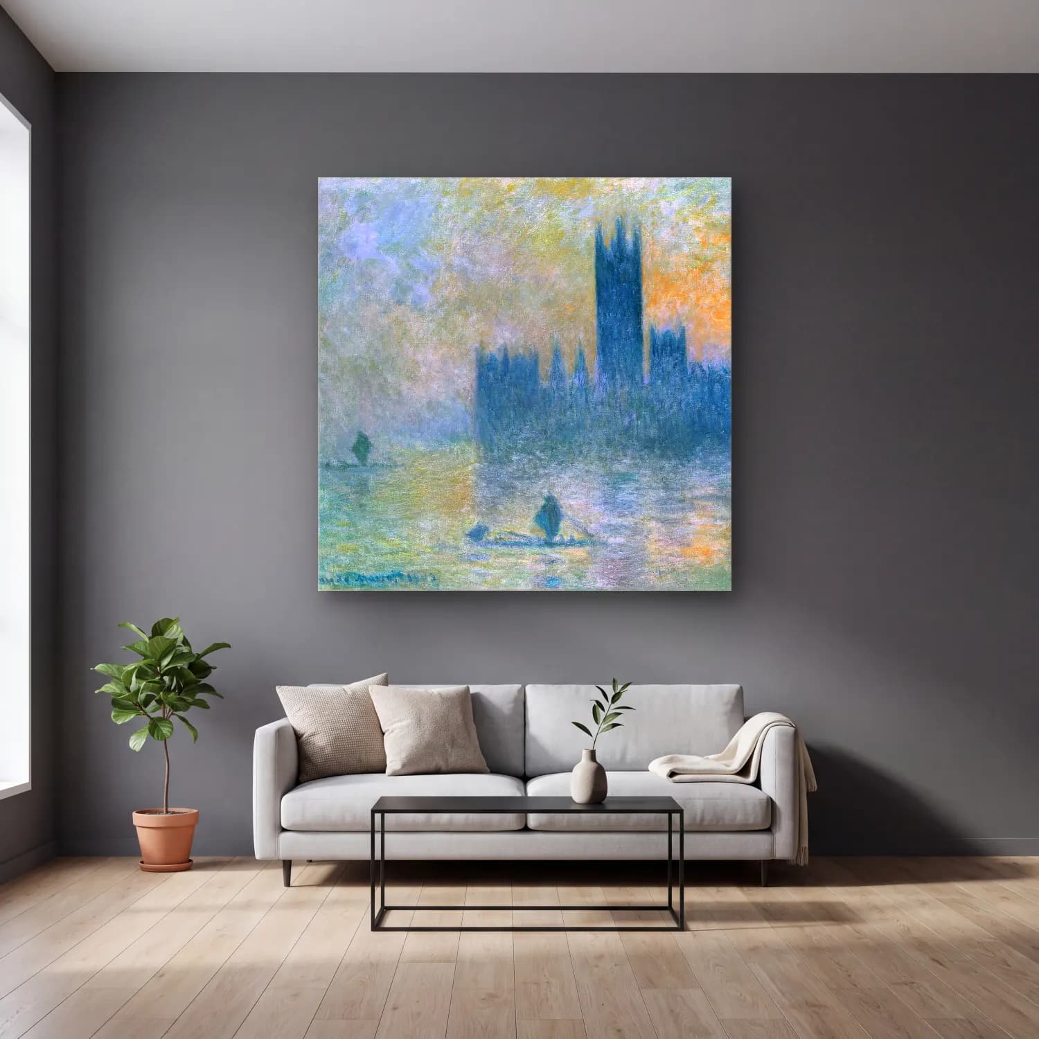 Claude Monet – The Houses of Parliament (Effect of Fog) – Pastel Tonlar cam tablo — gri duvarlı salonda