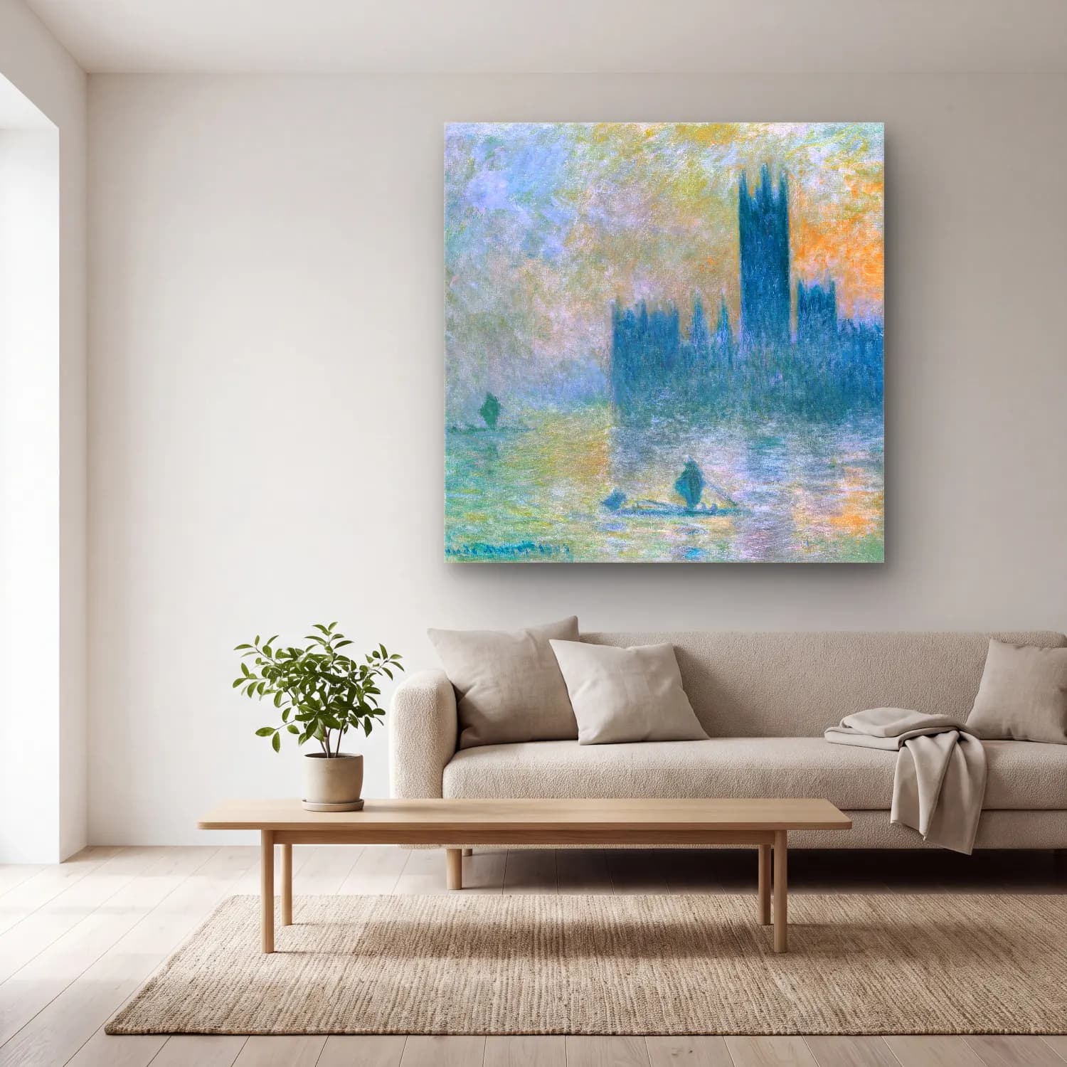 Claude Monet – The Houses of Parliament (Effect of Fog) – Pastel Tonlar cam tablo — açık renk salonda