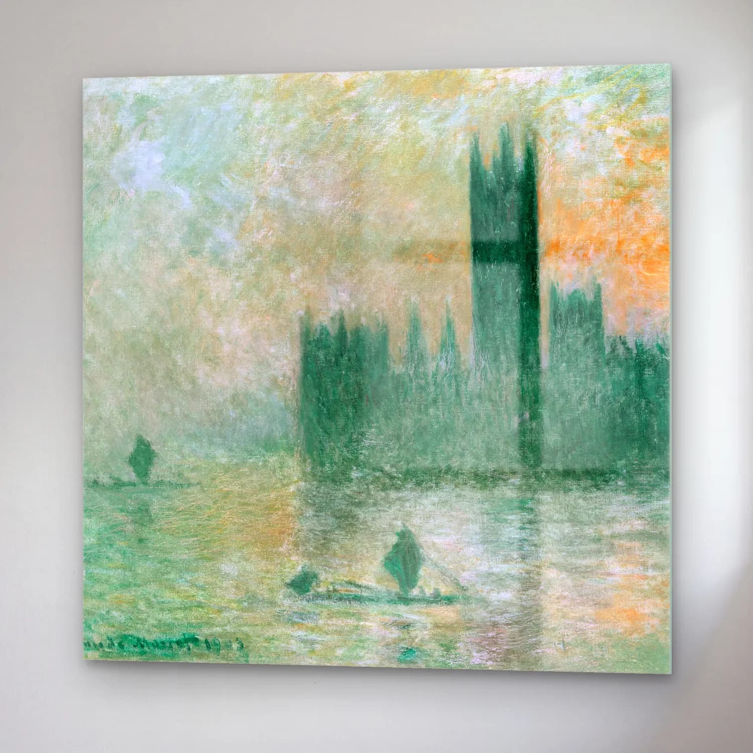 Claude Monet – The Houses of Parliament (Effect of Fog) – Pastel Tonlar cam tablo — sağ açıdan görünüm
