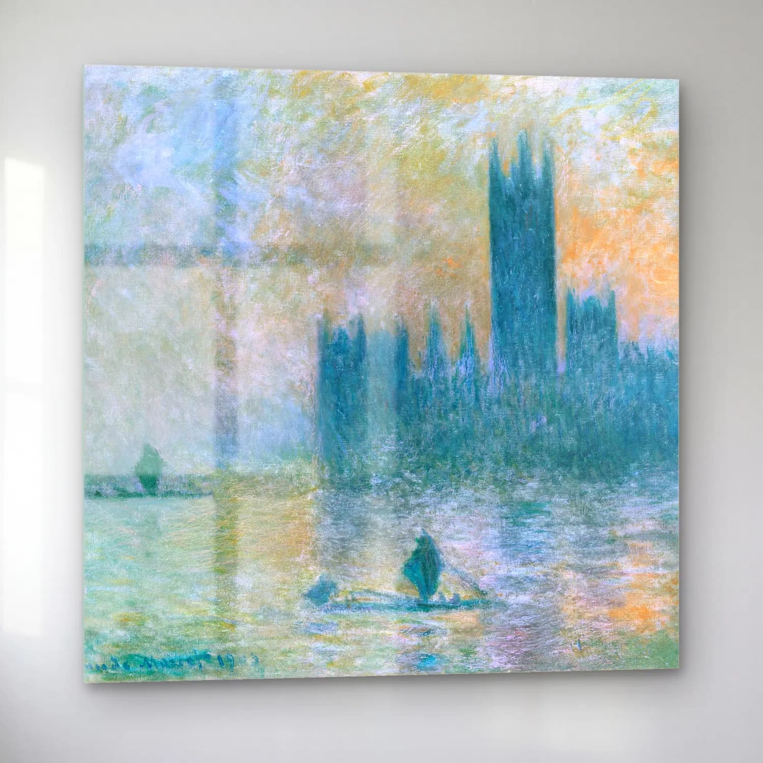 Claude Monet – The Houses of Parliament (Effect of Fog) – Pastel Tonlar cam tablo — sol açıdan görünüm