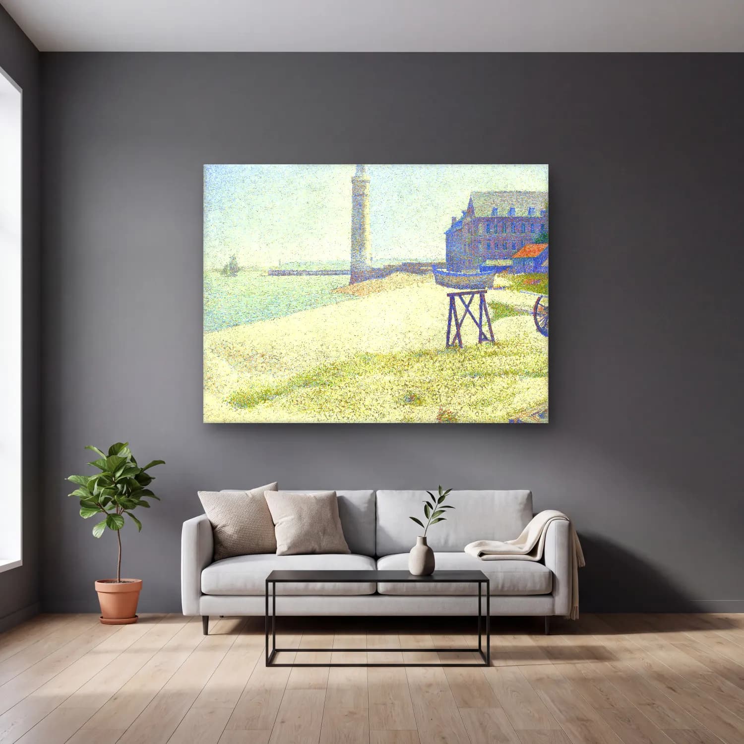 Georges Seurat – The Lighthouse at Honfleur – Pastel Tonlar cam tablo — gri duvarlı salonda