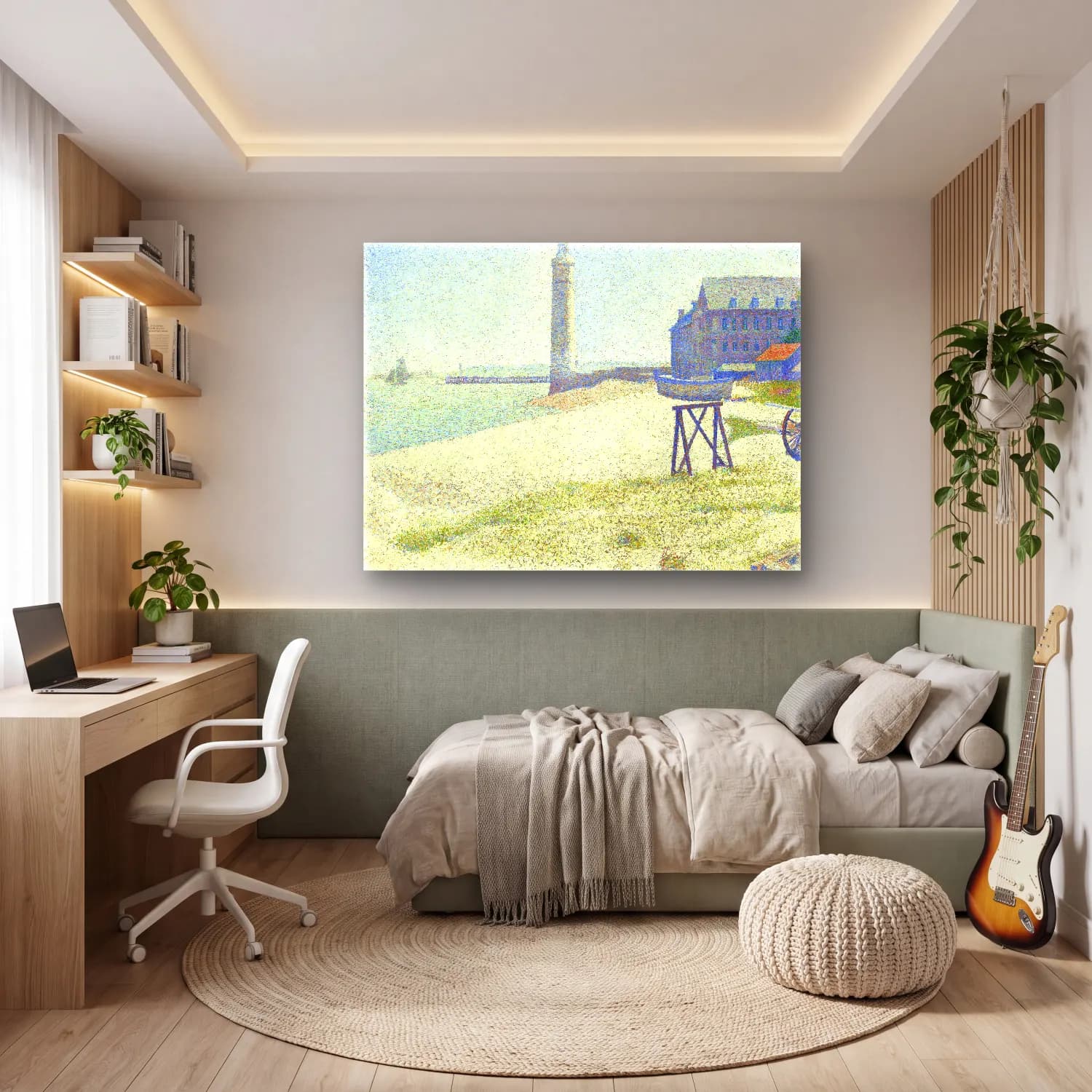 Georges Seurat – The Lighthouse at Honfleur – Pastel Tonlar cam tablo — genç odasında