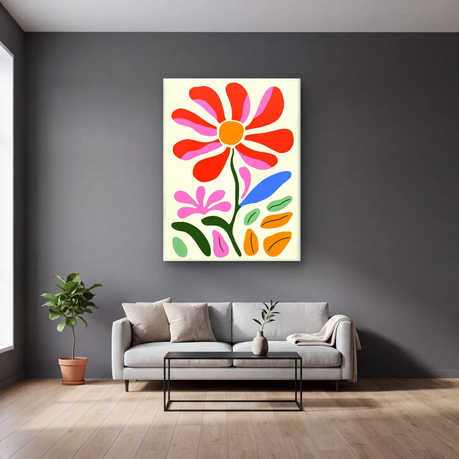 Boho Çiçek Deseni No. 57 cam tablo — gri duvarlı salonda
