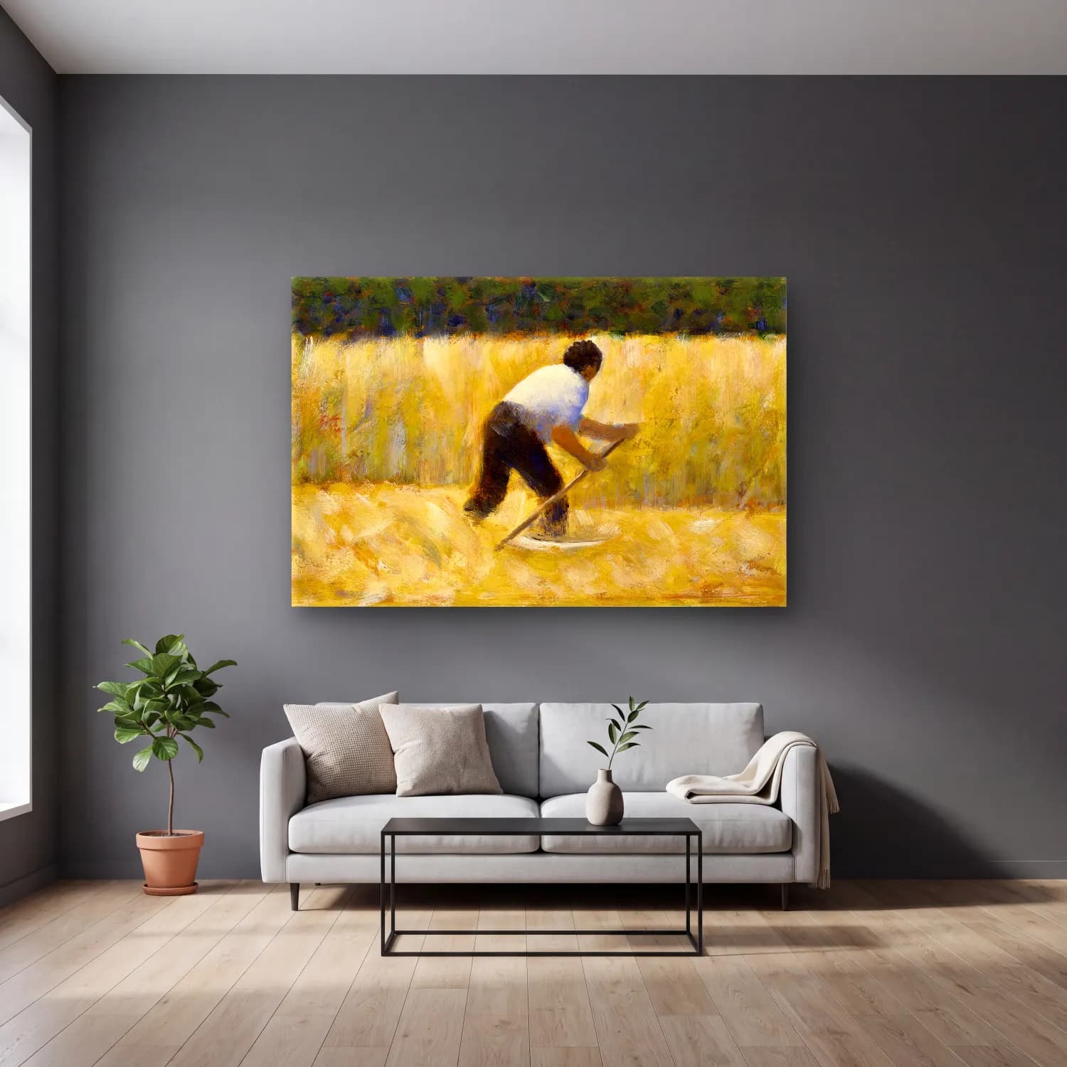 Georges Seurat – The Mower (ca. 1881–1882) cam tablo — gri duvarlı salonda