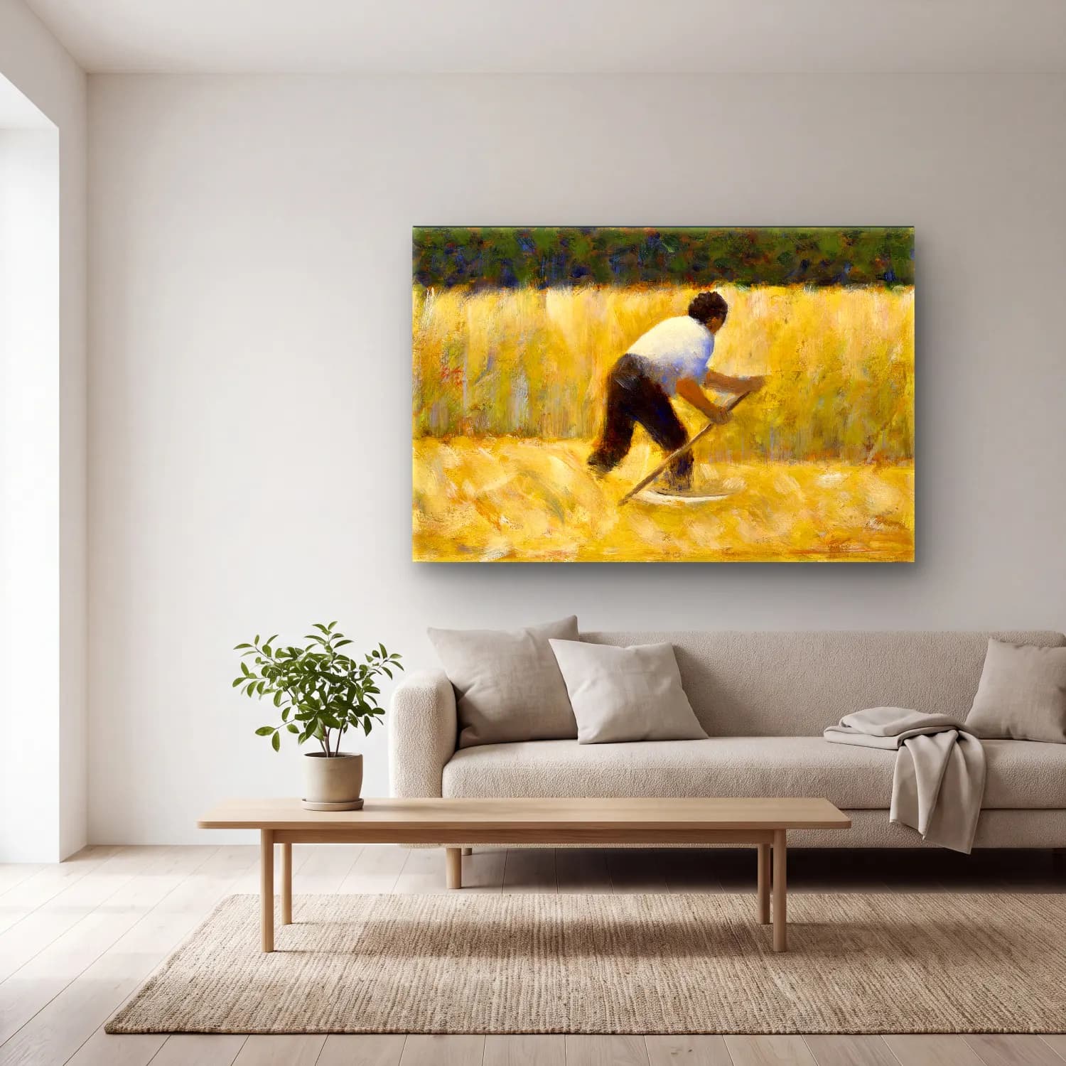Georges Seurat – The Mower (ca. 1881–1882) cam tablo — açık renk salonda