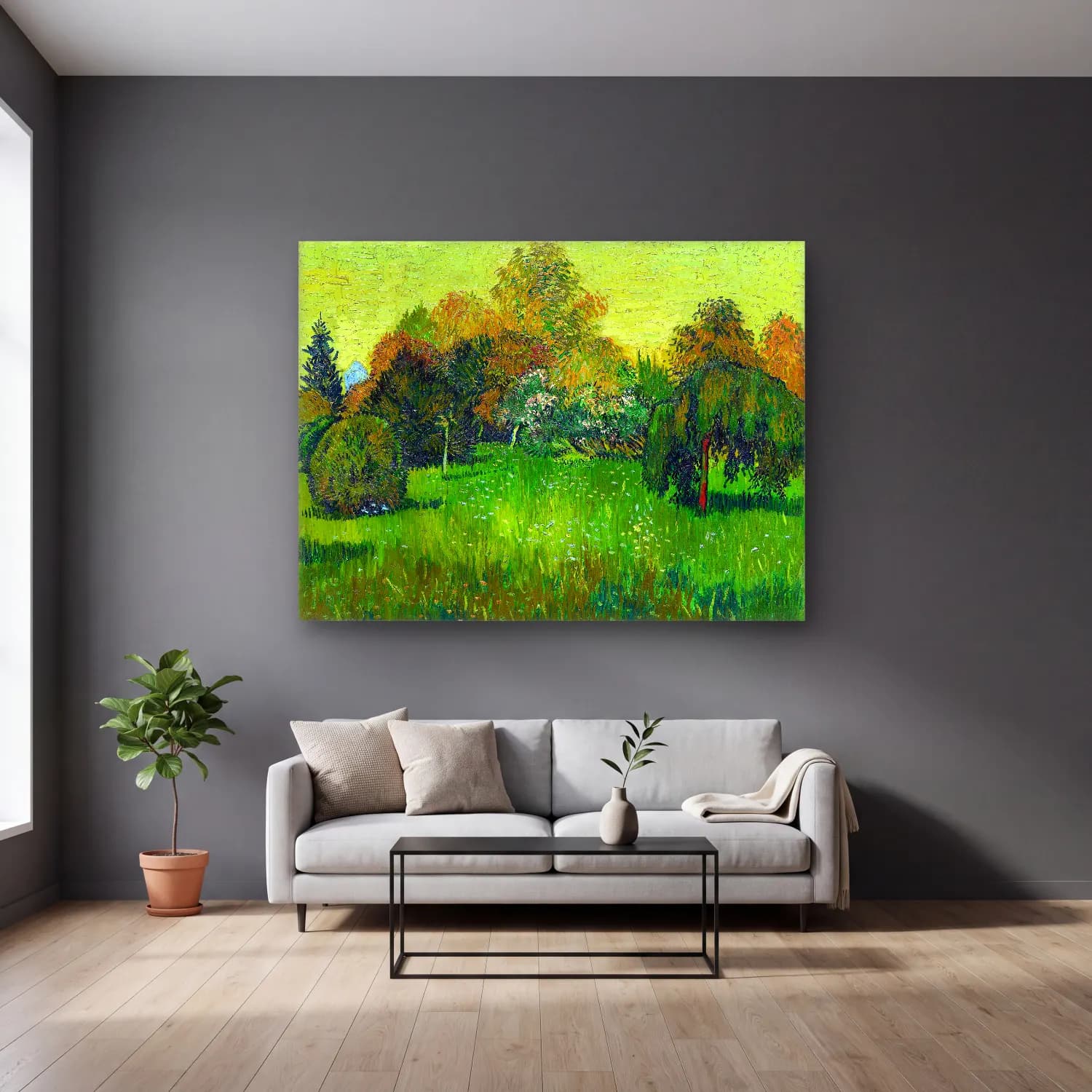 Vincent Van Gogh – The Poet s Garden cam tablo — gri duvarlı salonda