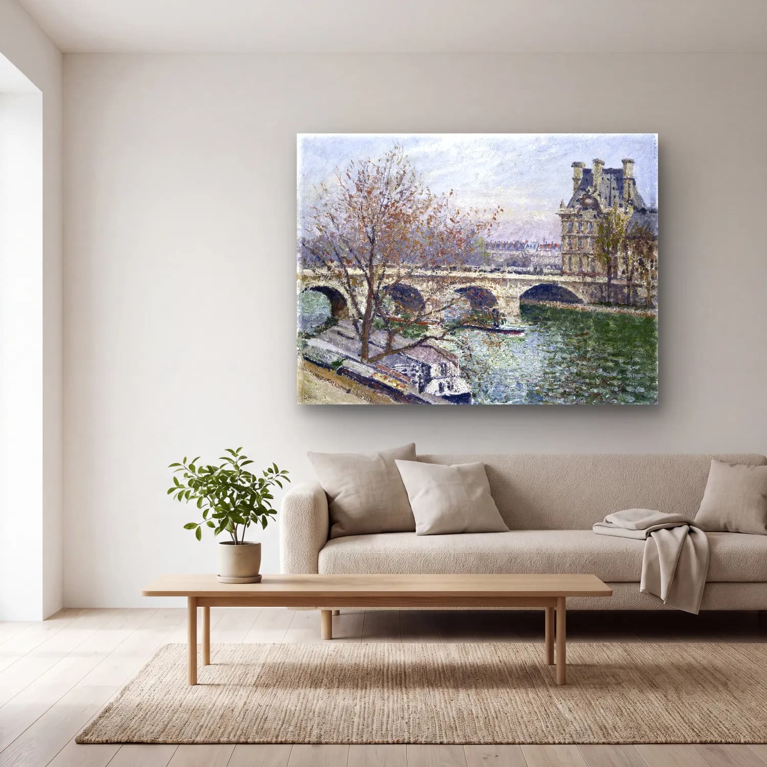 Camille Pissarro – The Pont Royal and the Pavillon de Flore cam tablo — açık renk salonda