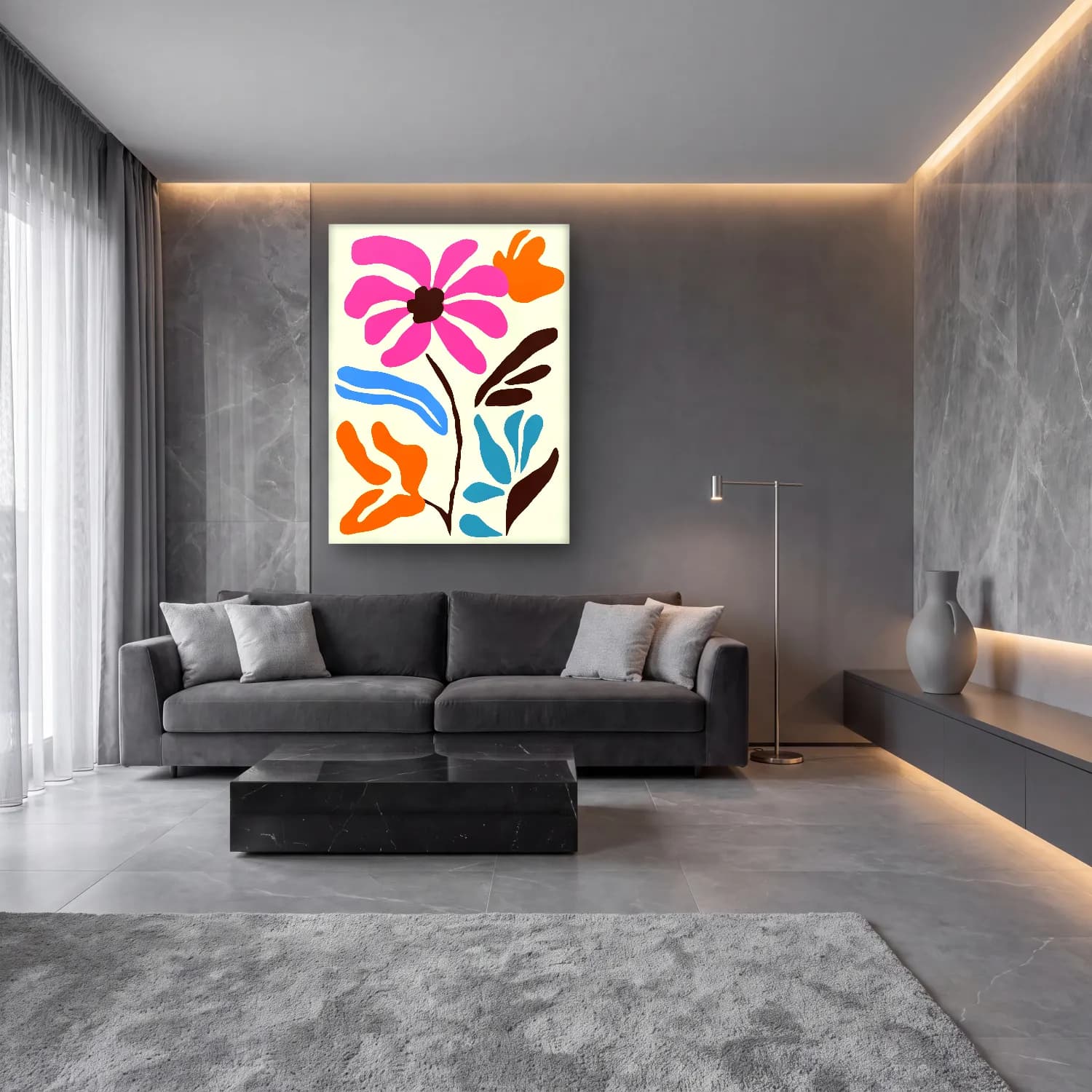 Boho Çiçek Deseni No. 58 cam tablo — lüks salon duvarında