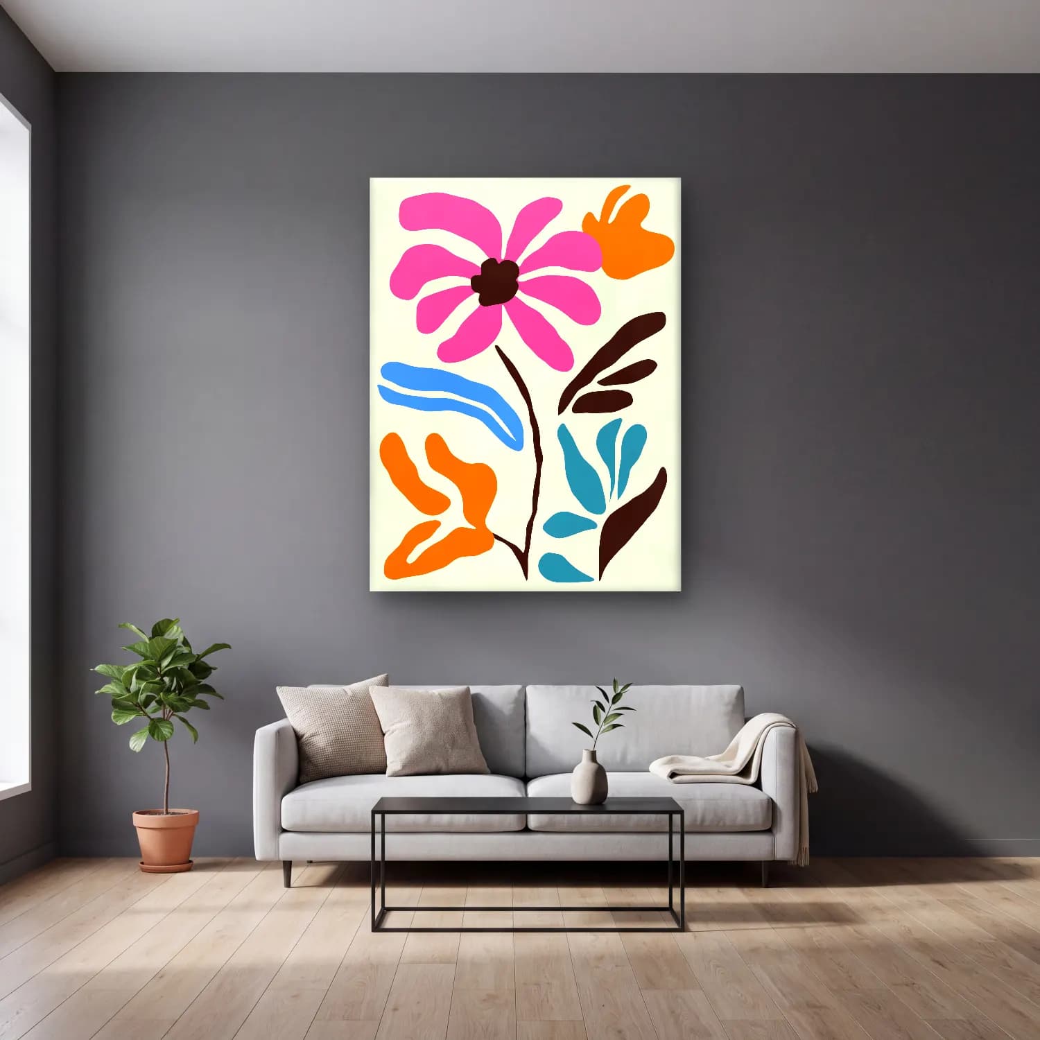 Boho Çiçek Deseni No. 58 cam tablo — gri duvarlı salonda