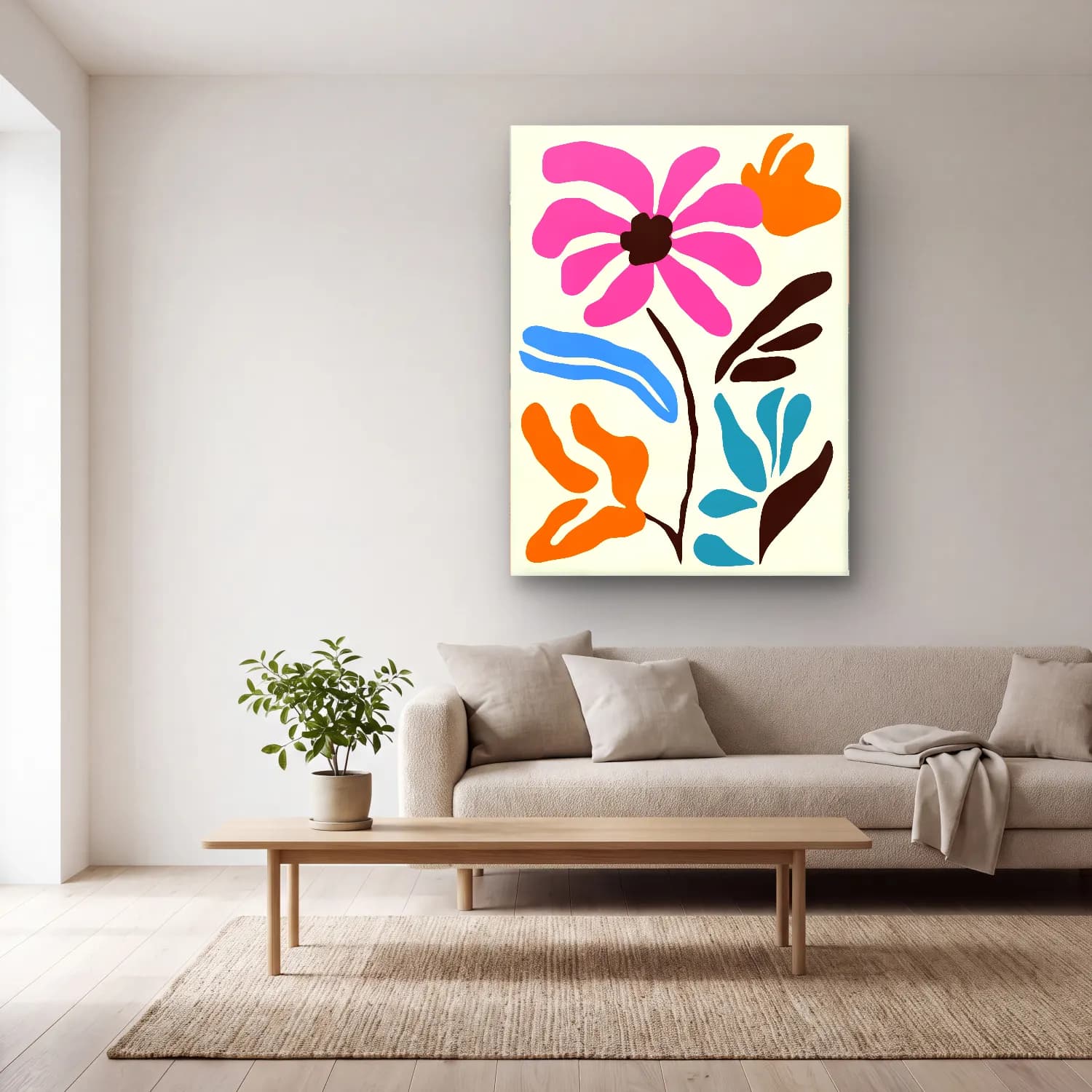 Boho Çiçek Deseni No. 58 cam tablo — açık renk salonda