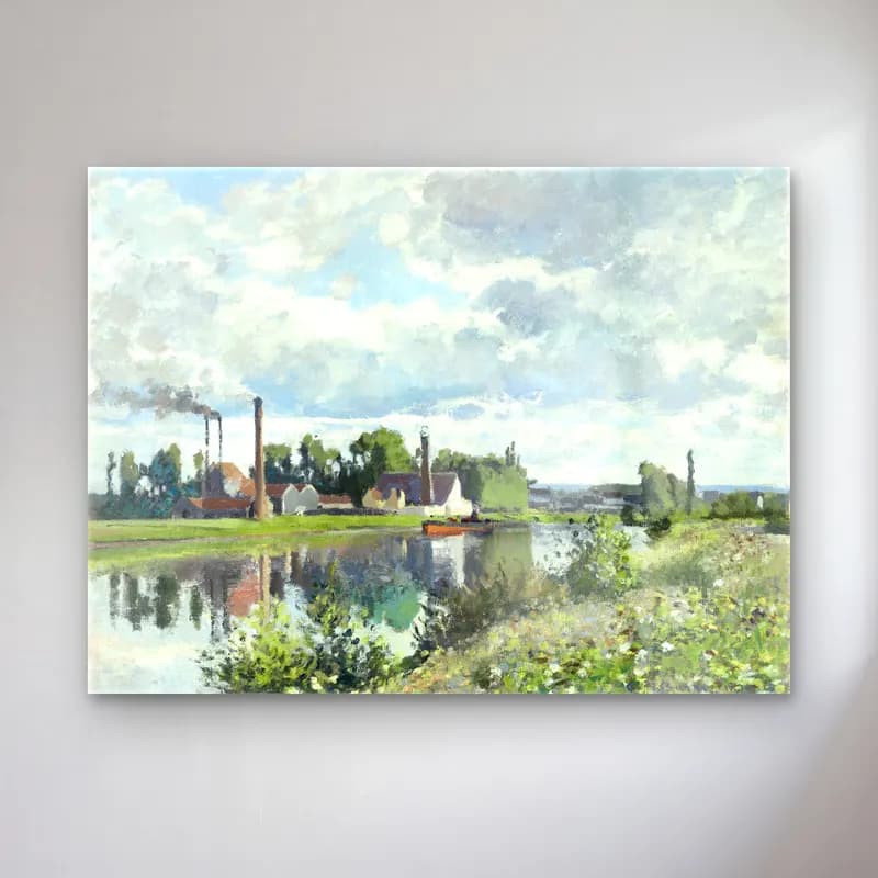 Camille Pissarro – The River Oise near Pontoise – Pastel Tonlar cam tablo — Camille Pissarro – The River Oise near Pontoise – Pastel Tonlar — empresyonist kırda nehir