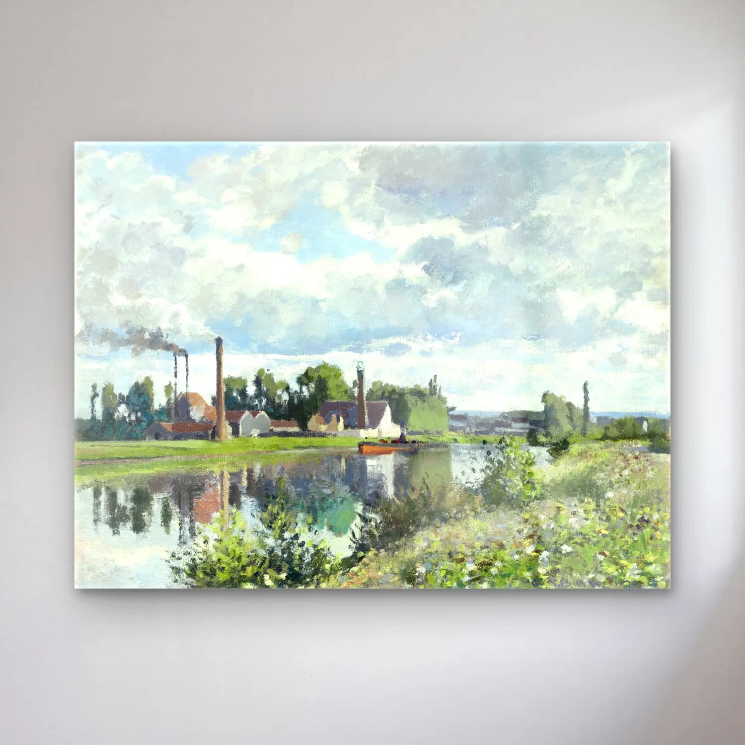 Camille Pissarro – The River Oise near Pontoise – Pastel Tonlar cam tablo — Camille Pissarro – The River Oise near Pontoise – Pastel Tonlar — empresyonist kırda nehir