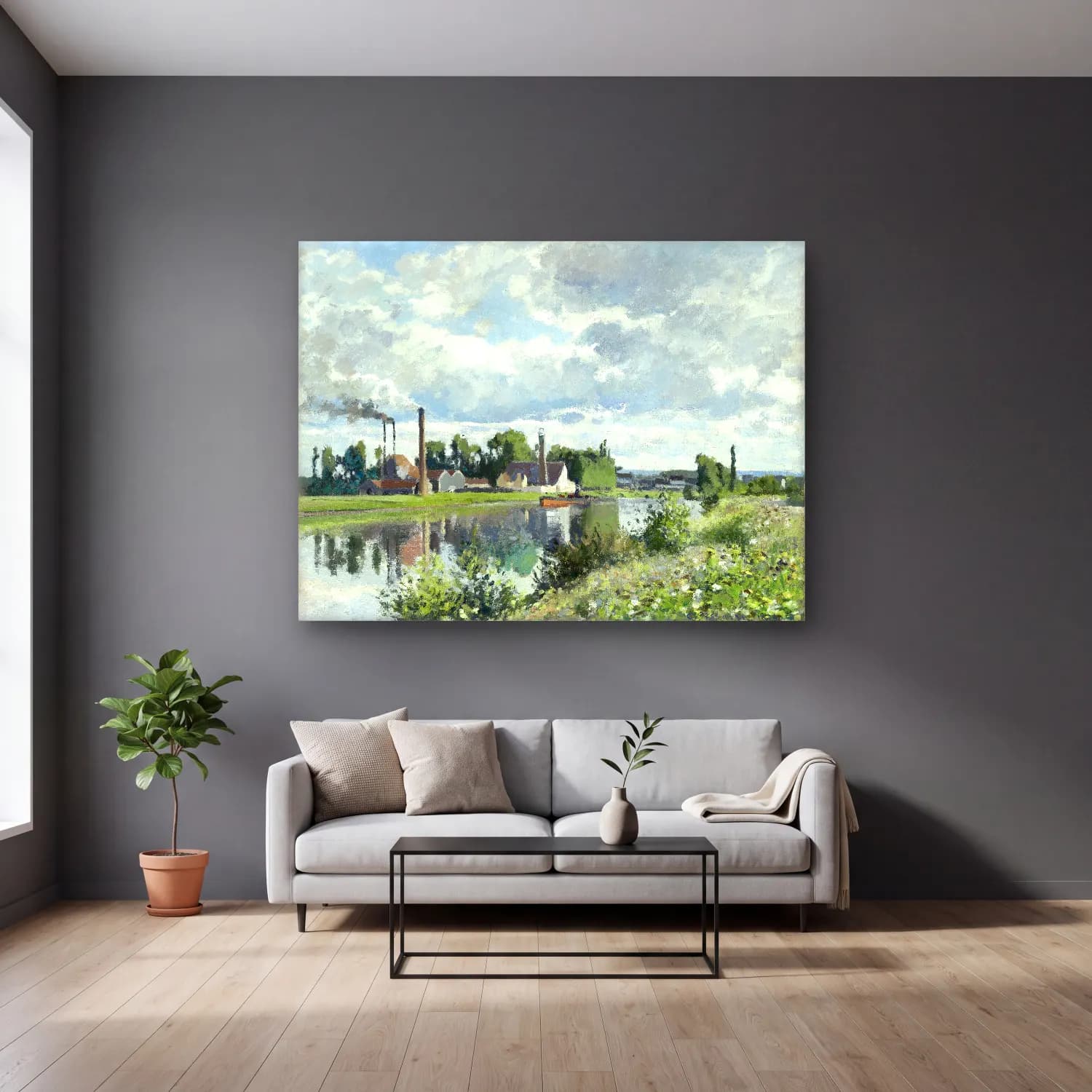 Camille Pissarro – The River Oise near Pontoise – Pastel Tonlar cam tablo — gri duvarlı salonda