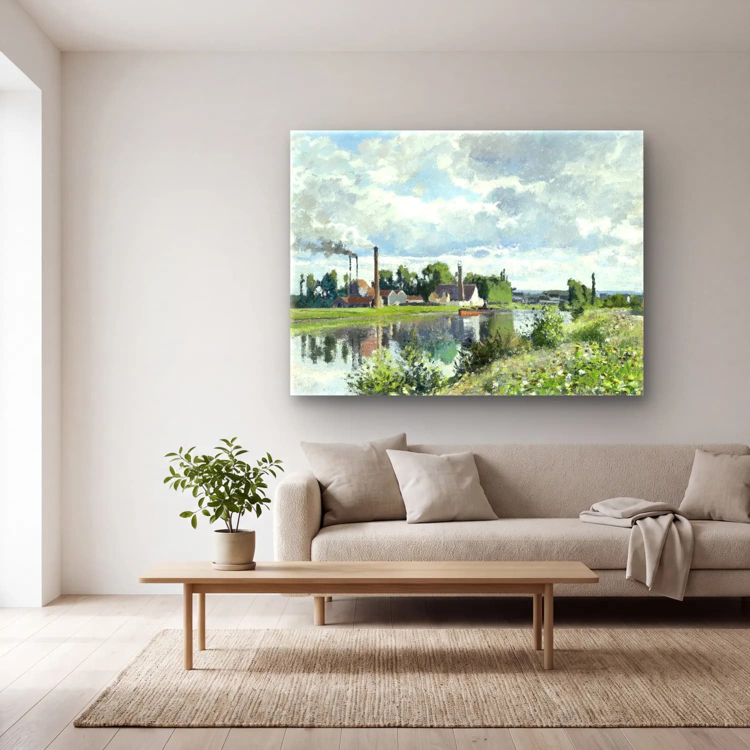 Camille Pissarro – The River Oise near Pontoise – Pastel Tonlar cam tablo — açık renk salonda