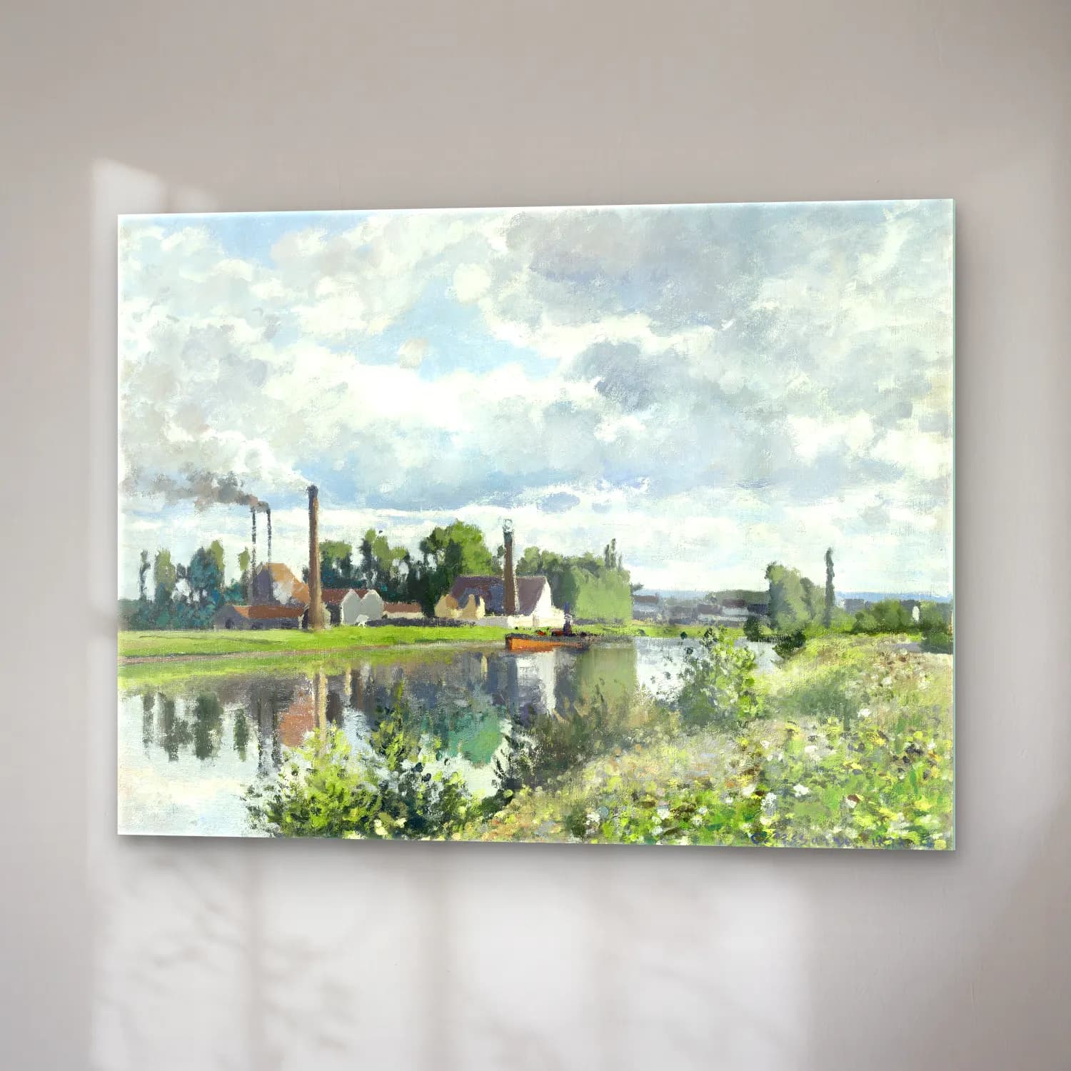 Camille Pissarro – The River Oise near Pontoise – Pastel Tonlar cam tablo — sağ açıdan görünüm