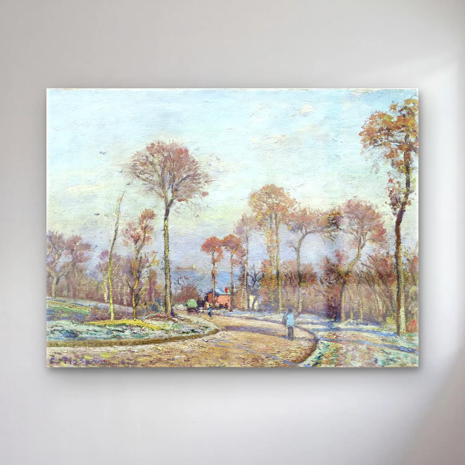 Camille Pissarro – The Road to Versailles, Louveciennes Morning Frost cam tablo — Camille Pissarro – The Road to Versailles, Louveciennes Morning Frost — empresyonist karlı kış manzarası