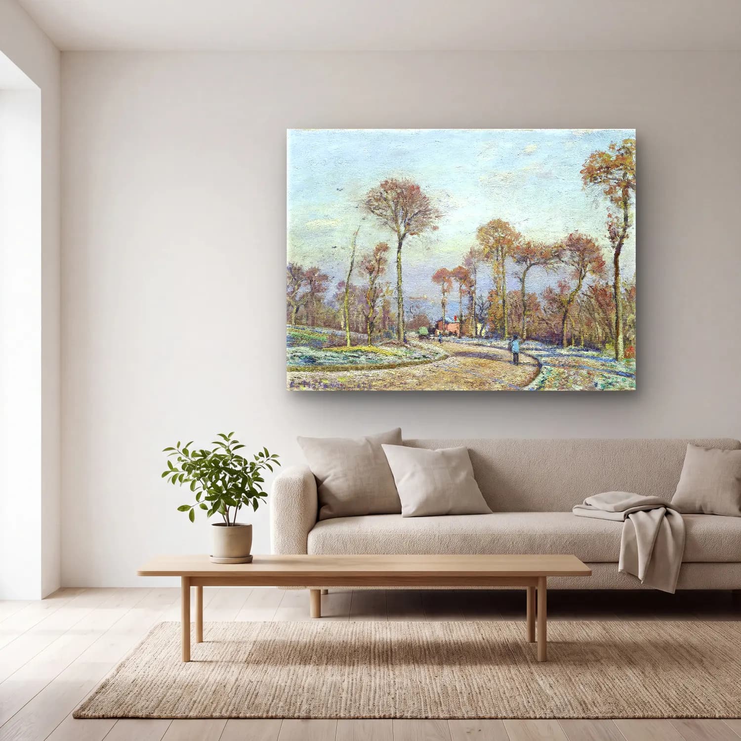 Camille Pissarro – The Road to Versailles, Louveciennes Morning Frost cam tablo — açık renk salonda