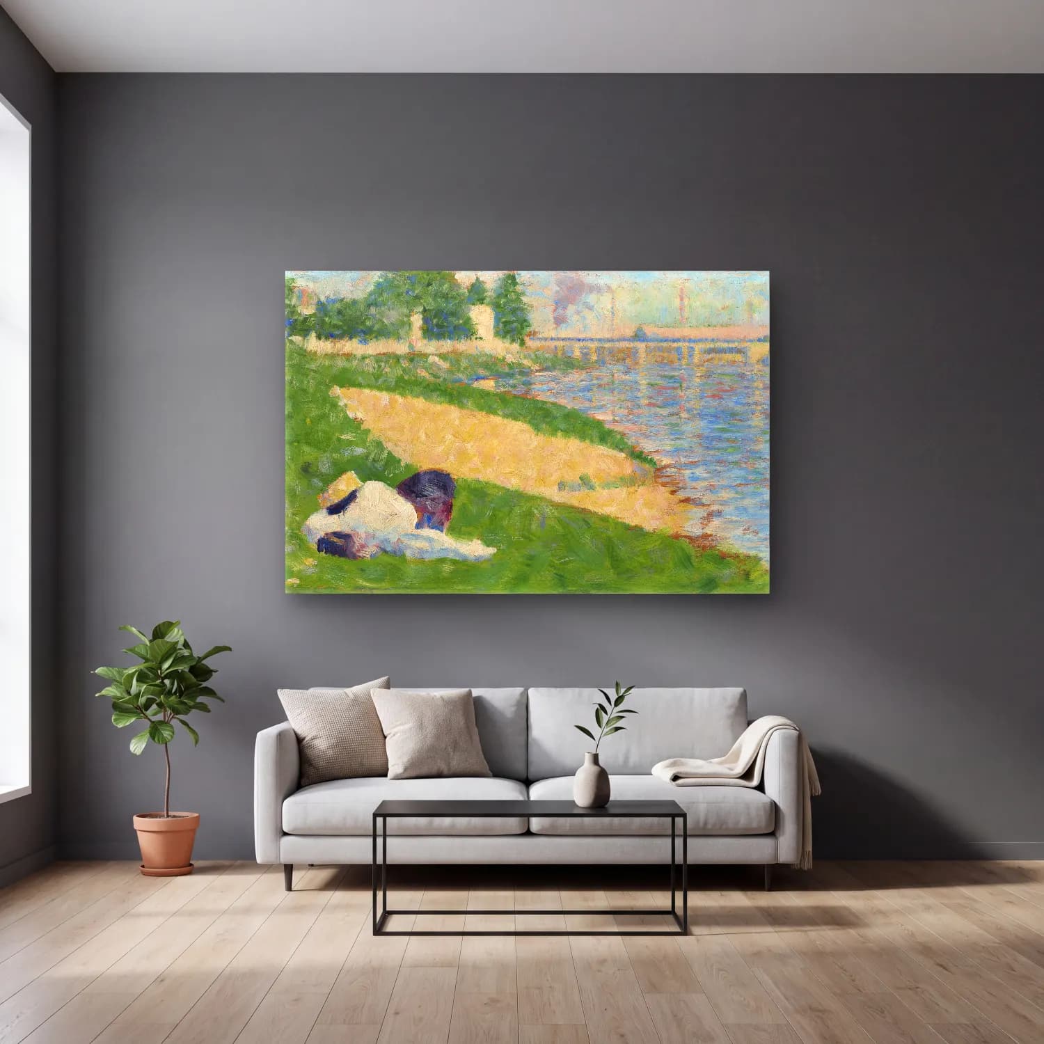 Georges Seurat – The Seine with Clothing on the Bank (Study for Bathers at… cam tablo — gri duvarlı salonda