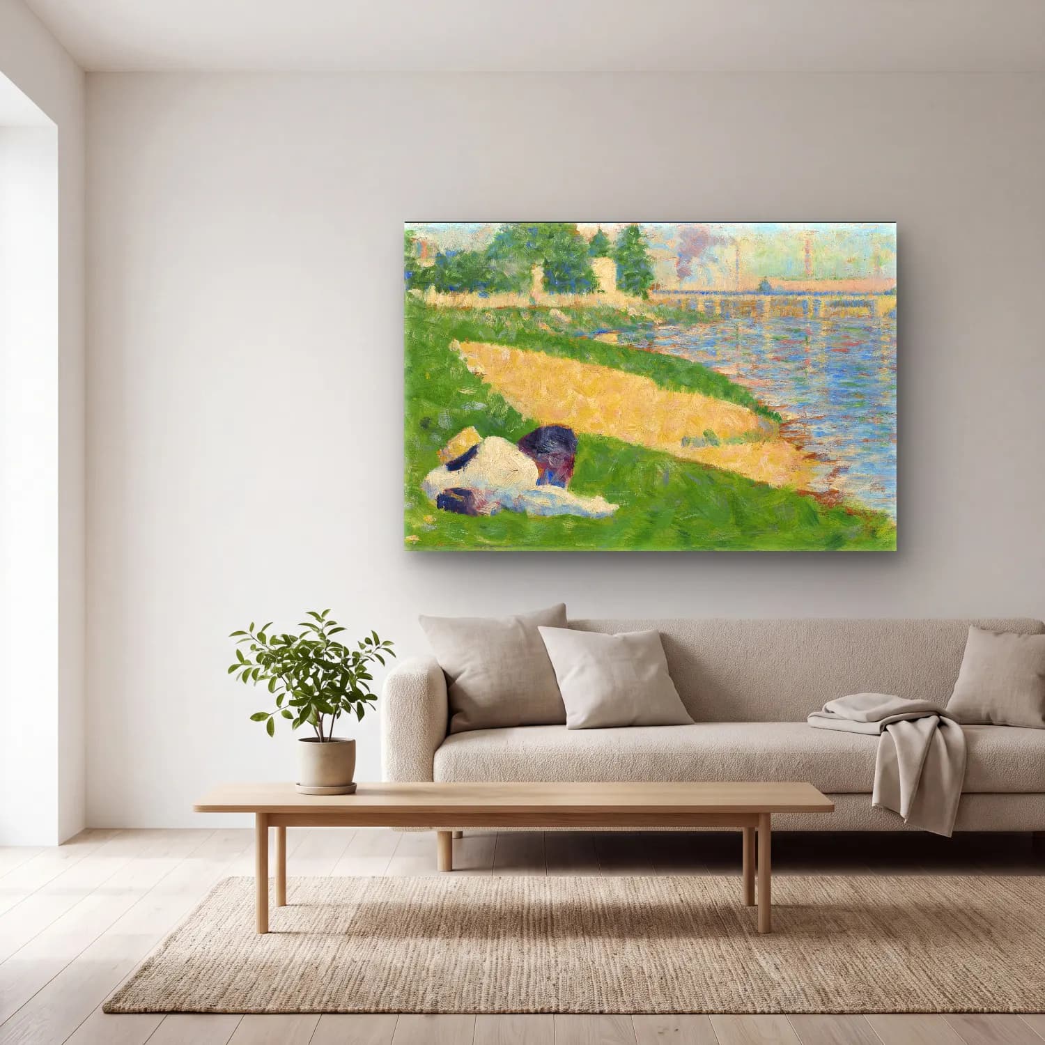 Georges Seurat – The Seine with Clothing on the Bank (Study for Bathers at… cam tablo — açık renk salonda