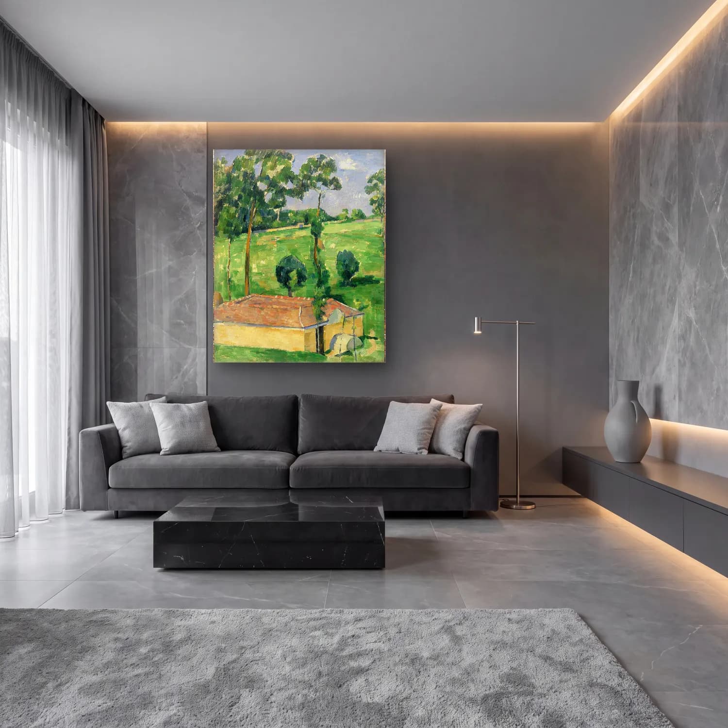 Empresyonist Kır Evi No. 34 cam tablo — lüks salon duvarında