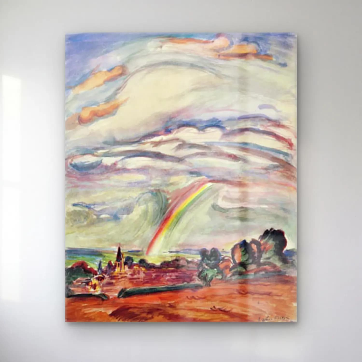 Othon Friesz – The rainbow.Montiullier cam tablo — Othon Friesz – The rainbow.Montiullier — suluboya güneş ve gökkuşağı
