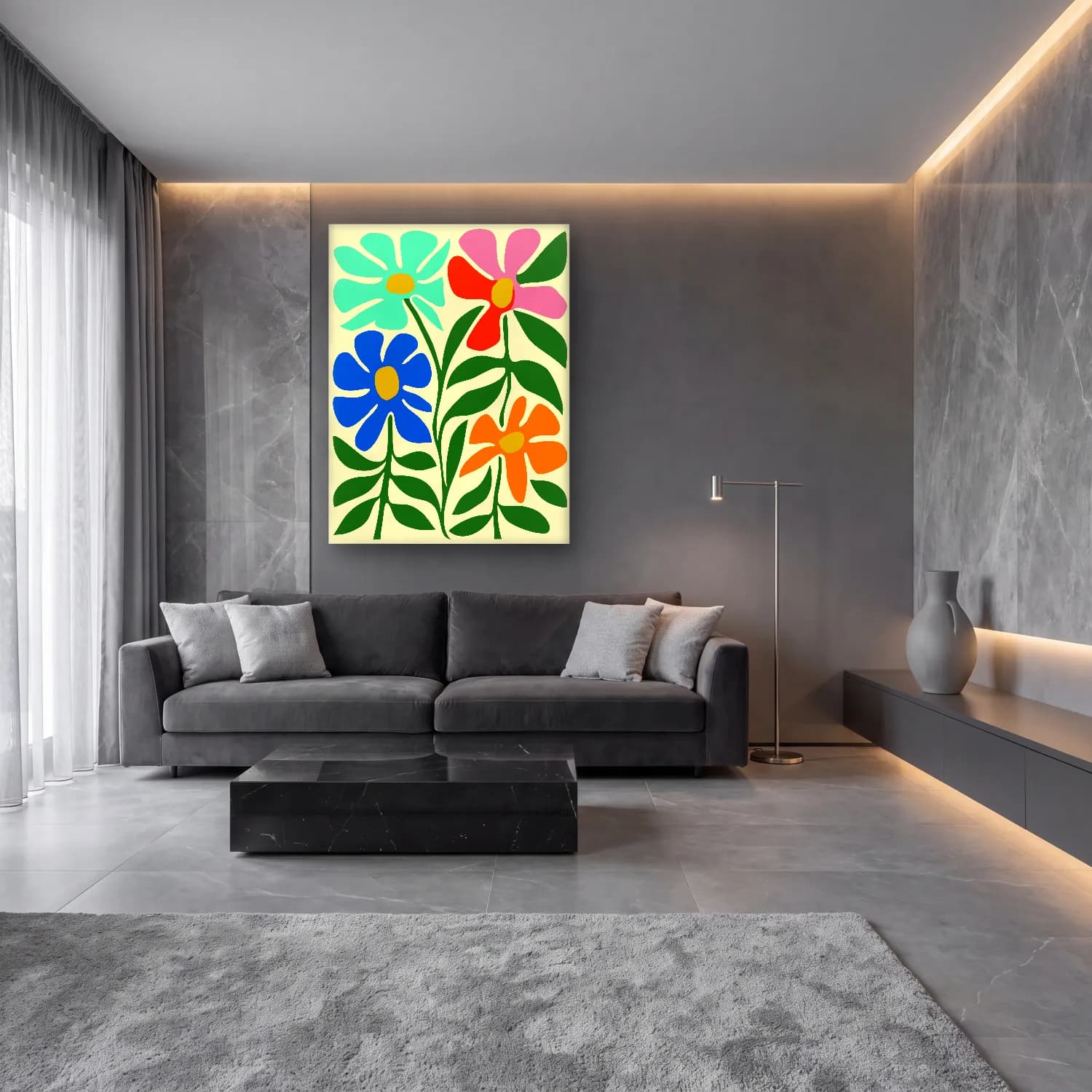 Boho Çiçek Deseni No. 59 cam tablo — lüks salon duvarında
