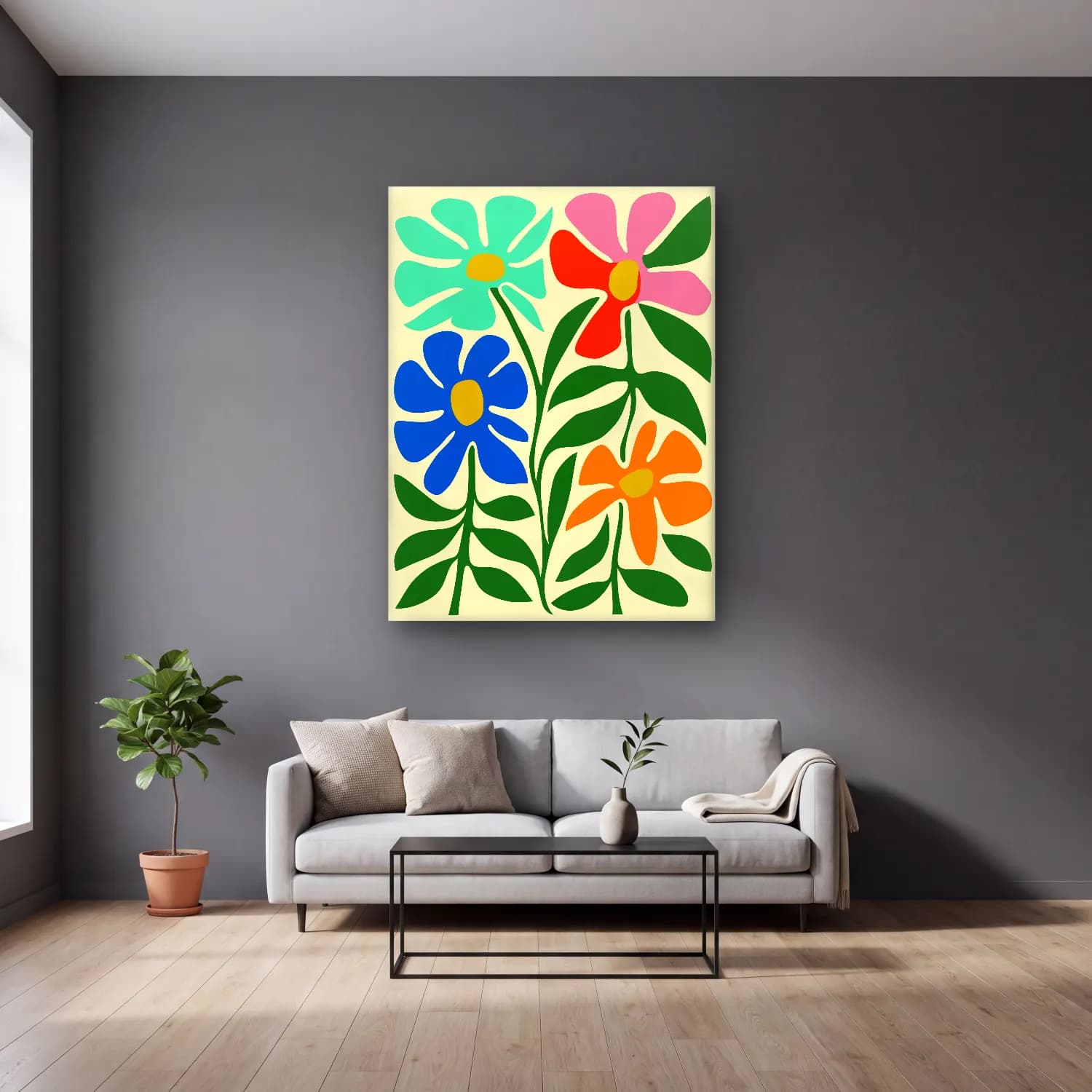 Boho Çiçek Deseni No. 59 cam tablo — gri duvarlı salonda