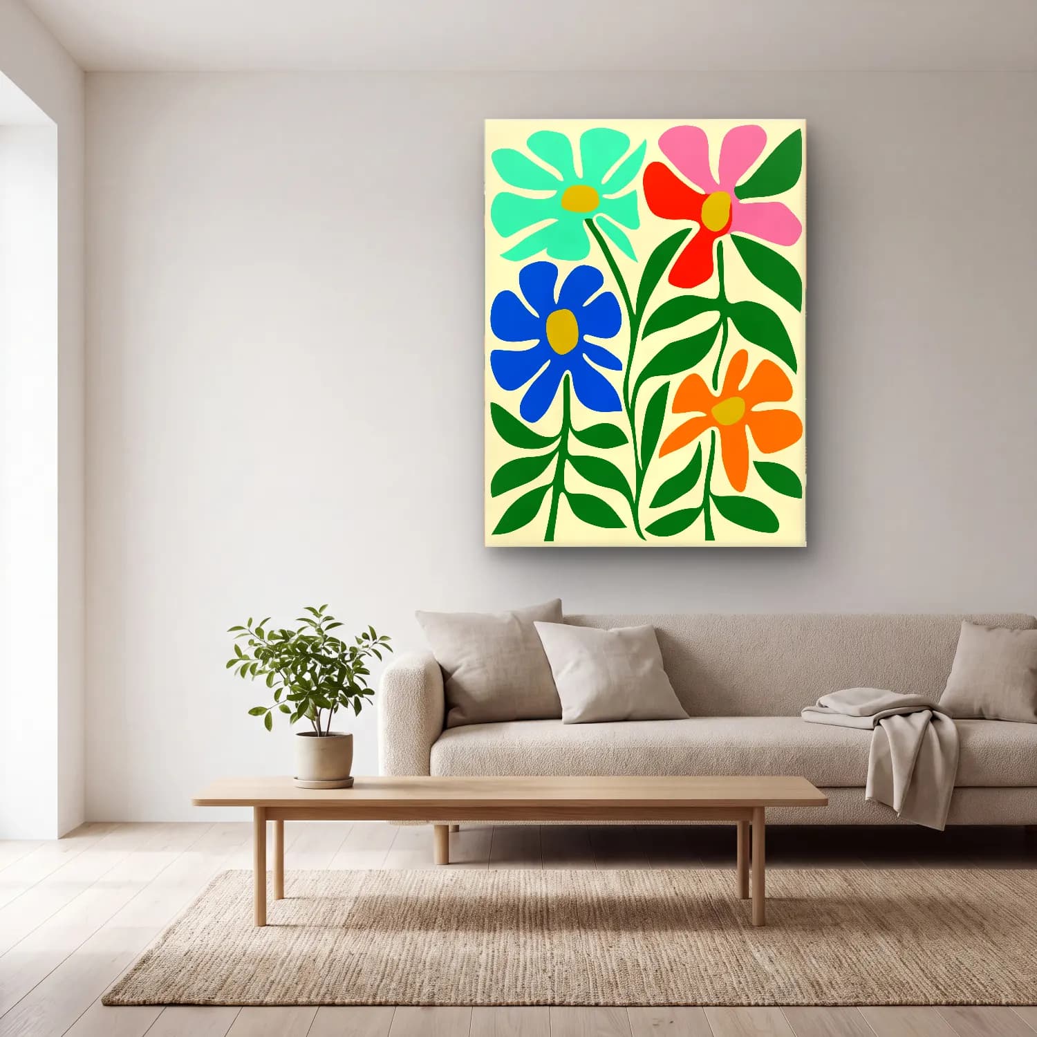 Boho Çiçek Deseni No. 59 cam tablo — açık renk salonda