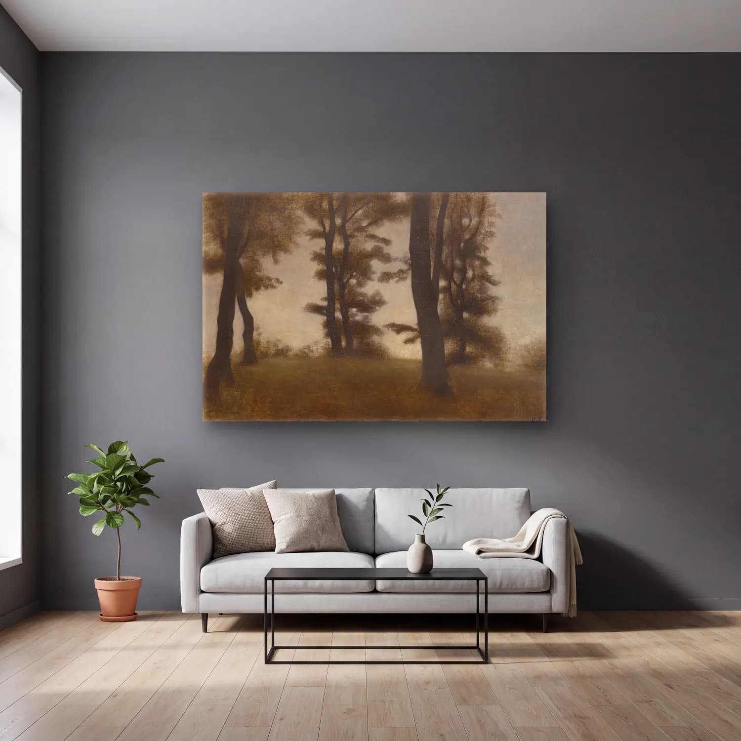 Vilhelm Hammershøi – Tree Trunks cam tablo — gri duvarlı salonda