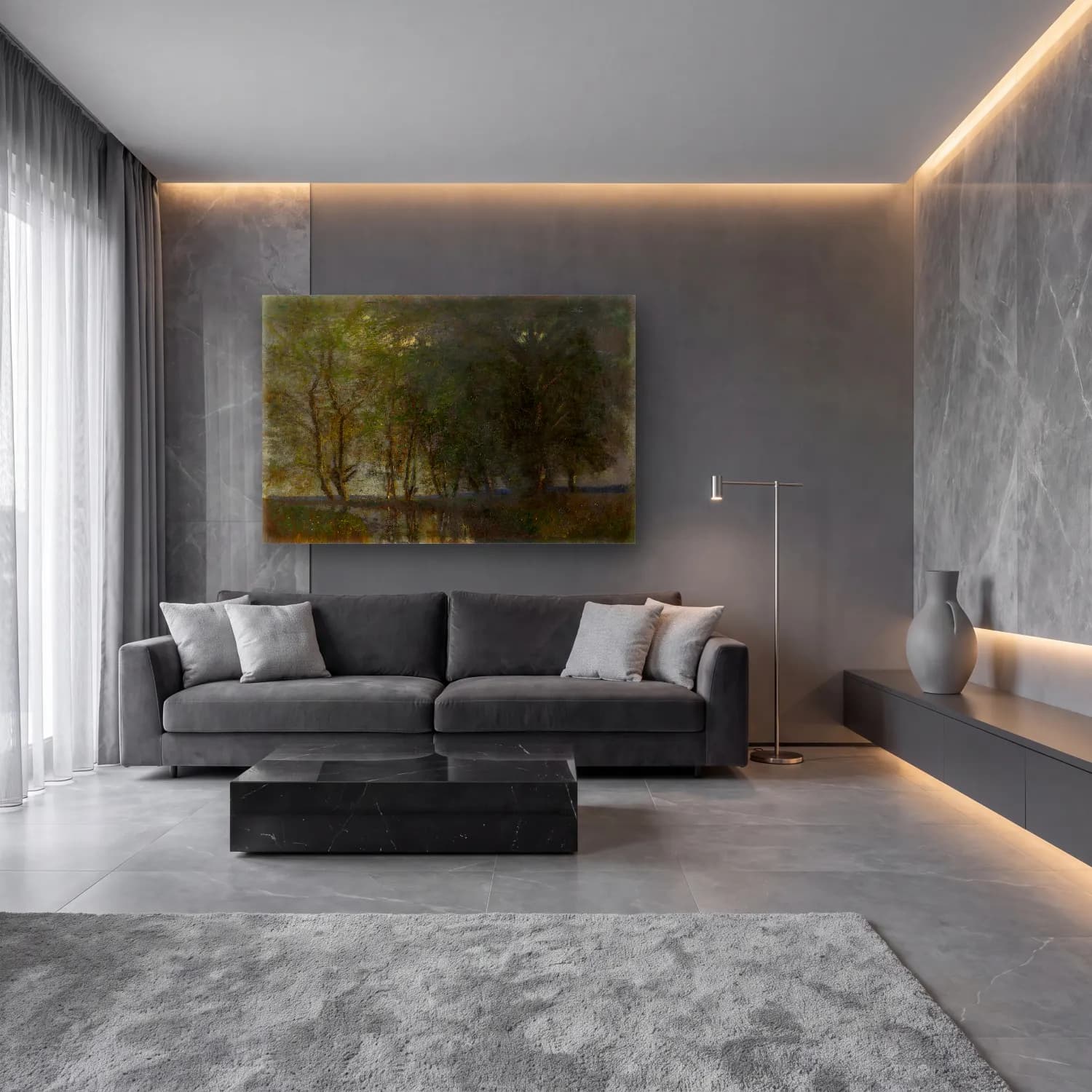 Yağlı Boya Orman No. 22 cam tablo — lüks salon duvarında