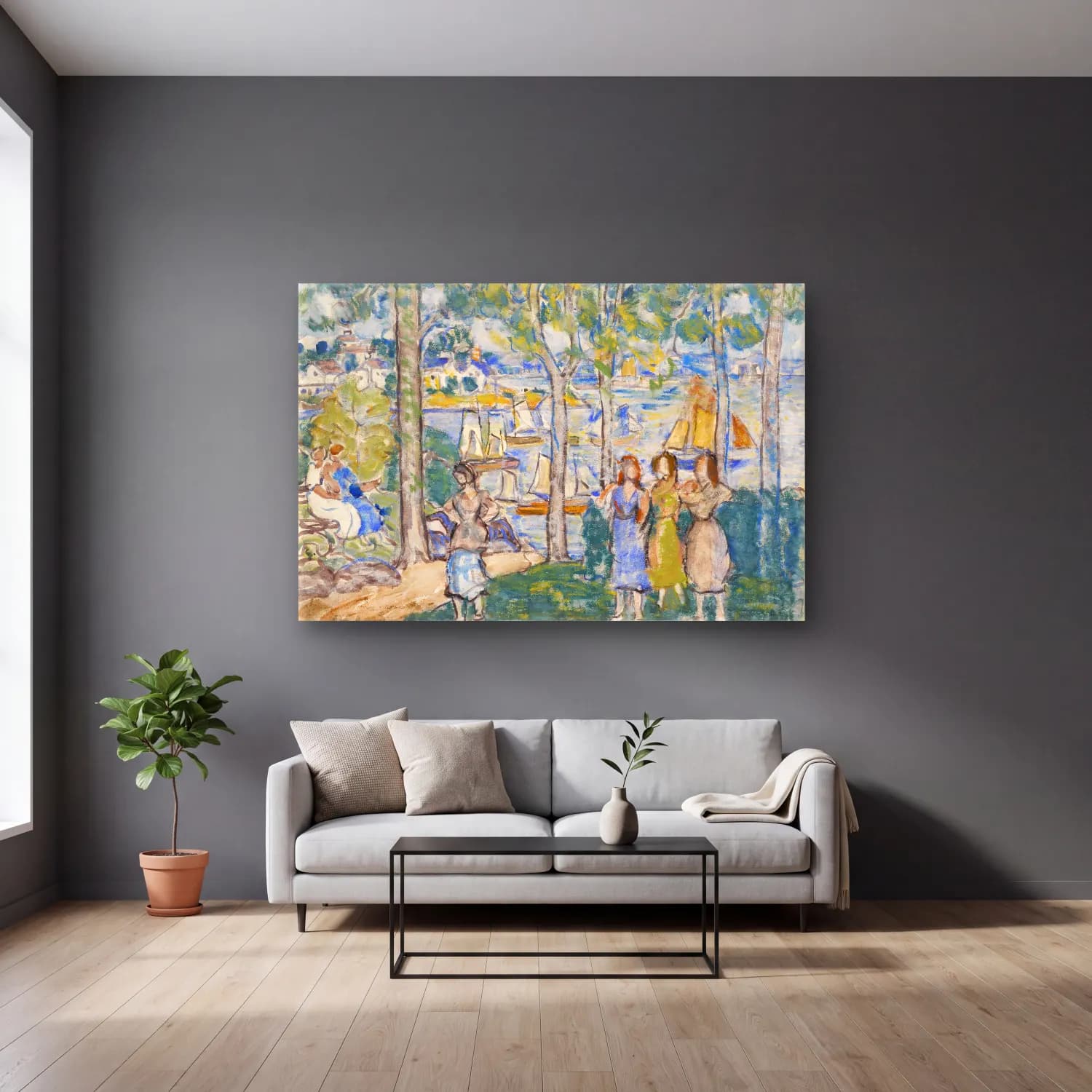 Maurice Brazil Prendergast – Trees, Houses, People cam tablo — gri duvarlı salonda