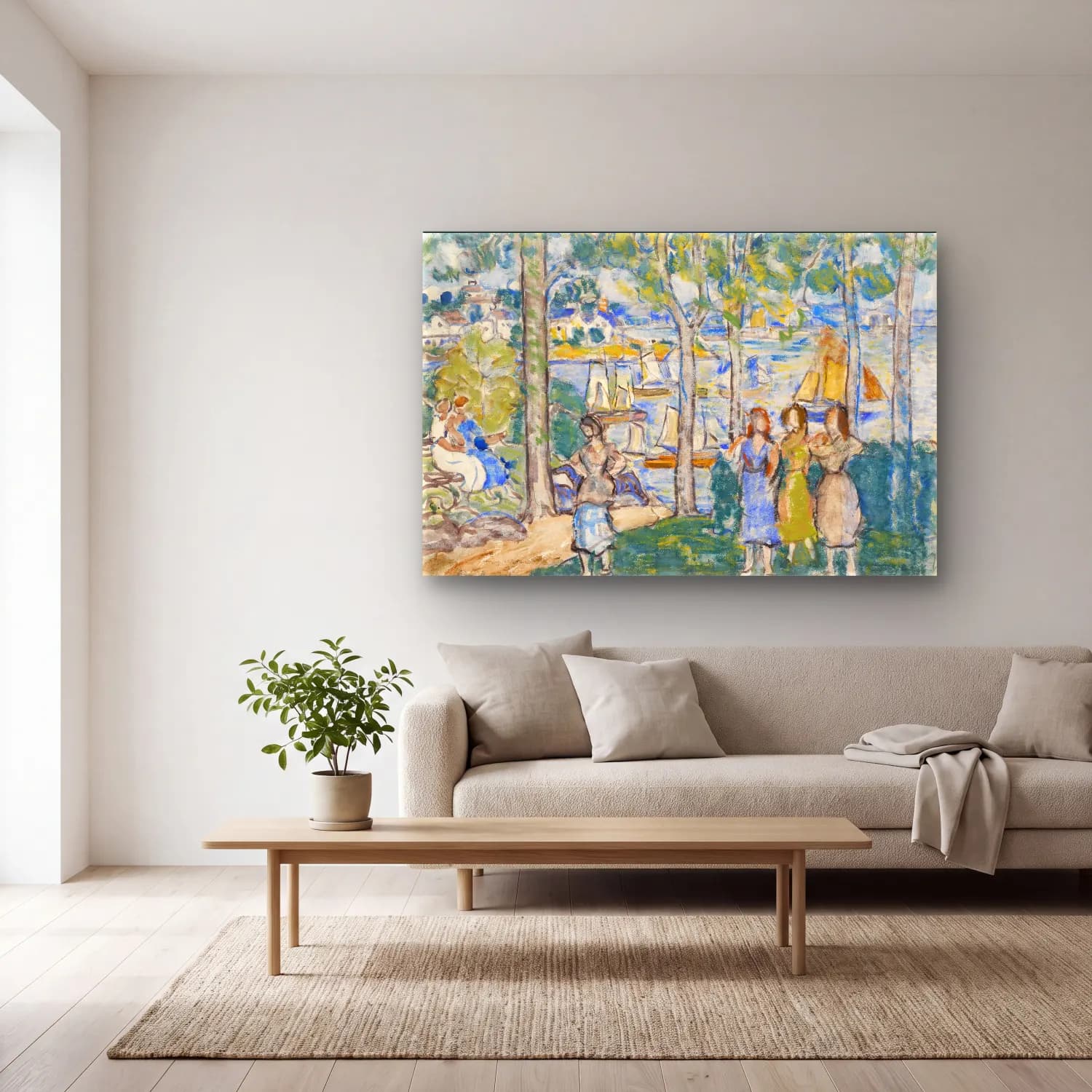 Maurice Brazil Prendergast – Trees, Houses, People cam tablo — açık renk salonda