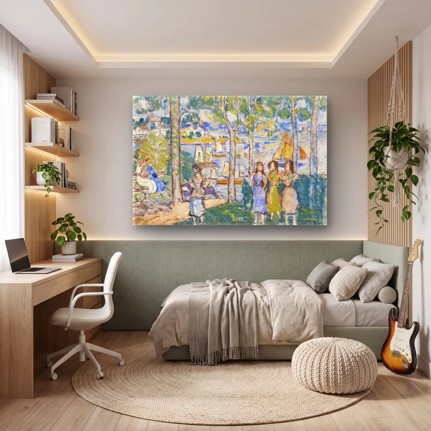 Maurice Brazil Prendergast – Trees, Houses, People cam tablo — genç odasında