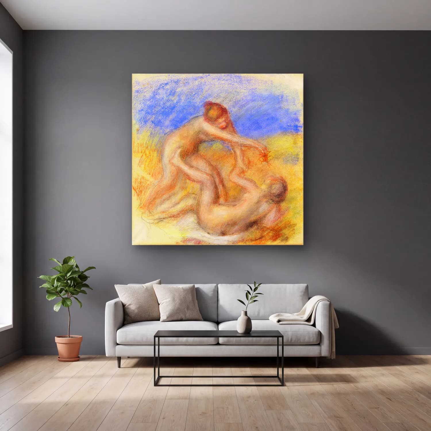 Pierre Auguste Renoir – Two Nudes cam tablo — gri duvarlı salonda
