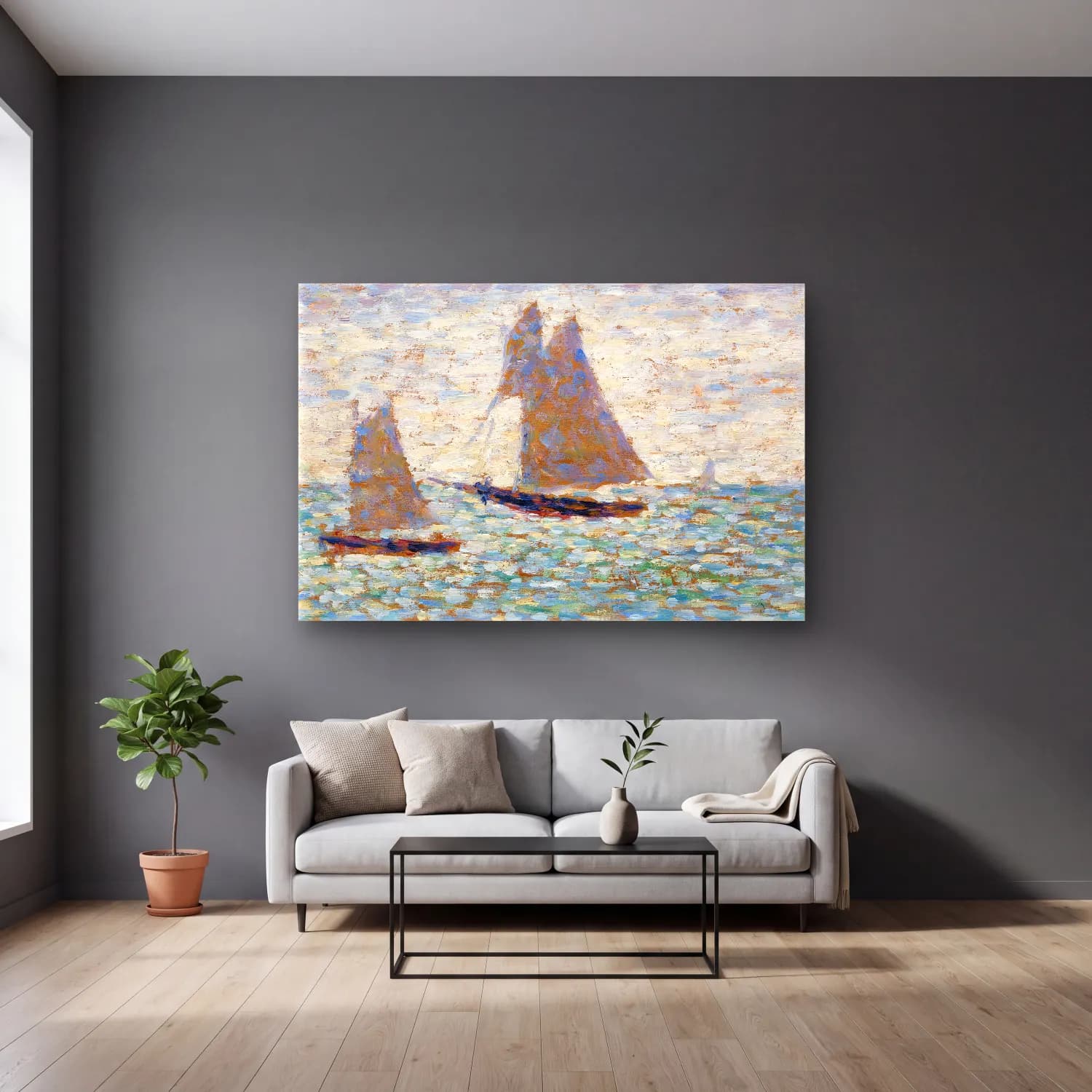 Georges Seurat – Two Sailboats at Grandcamp (Deux voiliers Ã Grandcamp)… cam tablo — gri duvarlı salonda