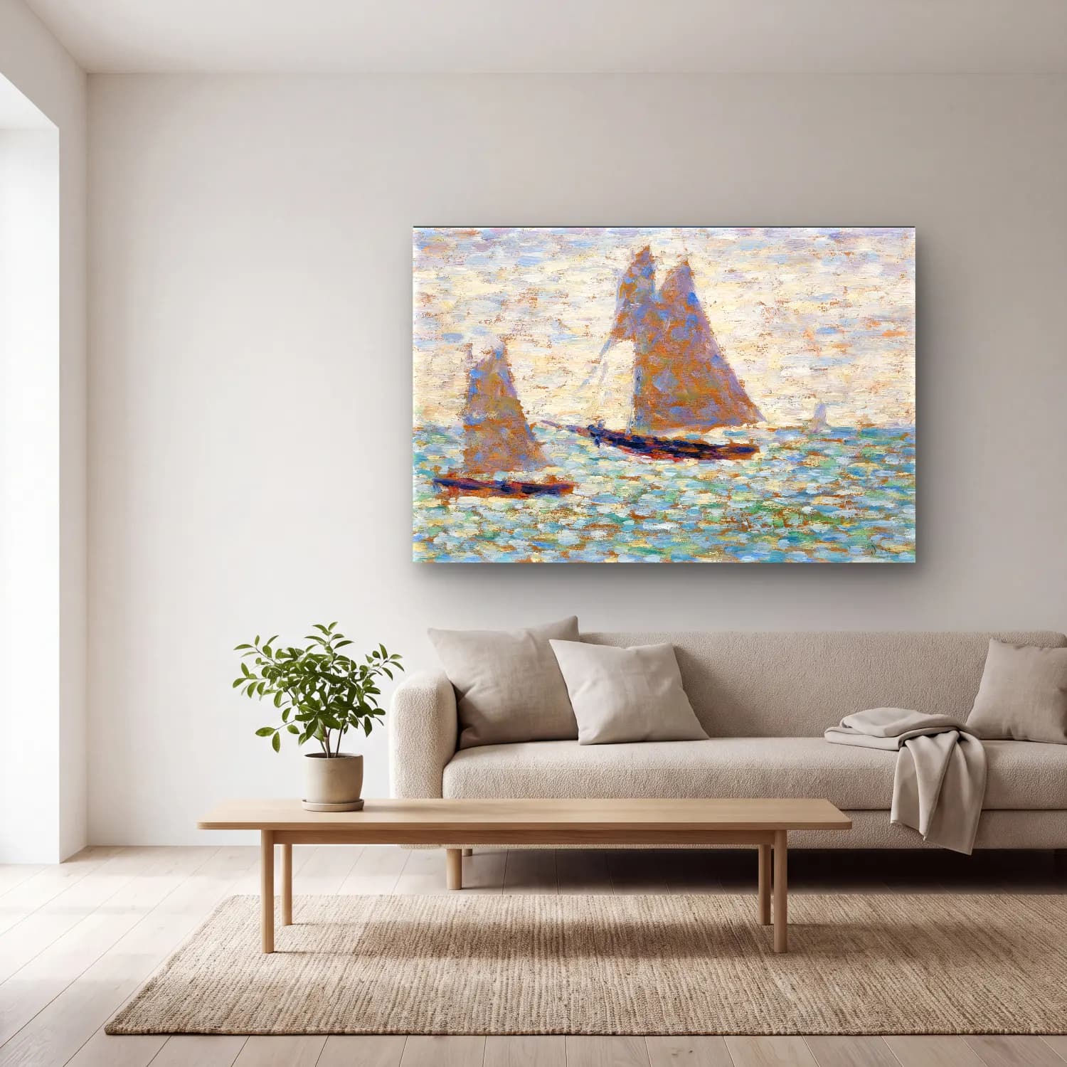 Georges Seurat – Two Sailboats at Grandcamp (Deux voiliers Ã Grandcamp)… cam tablo — açık renk salonda