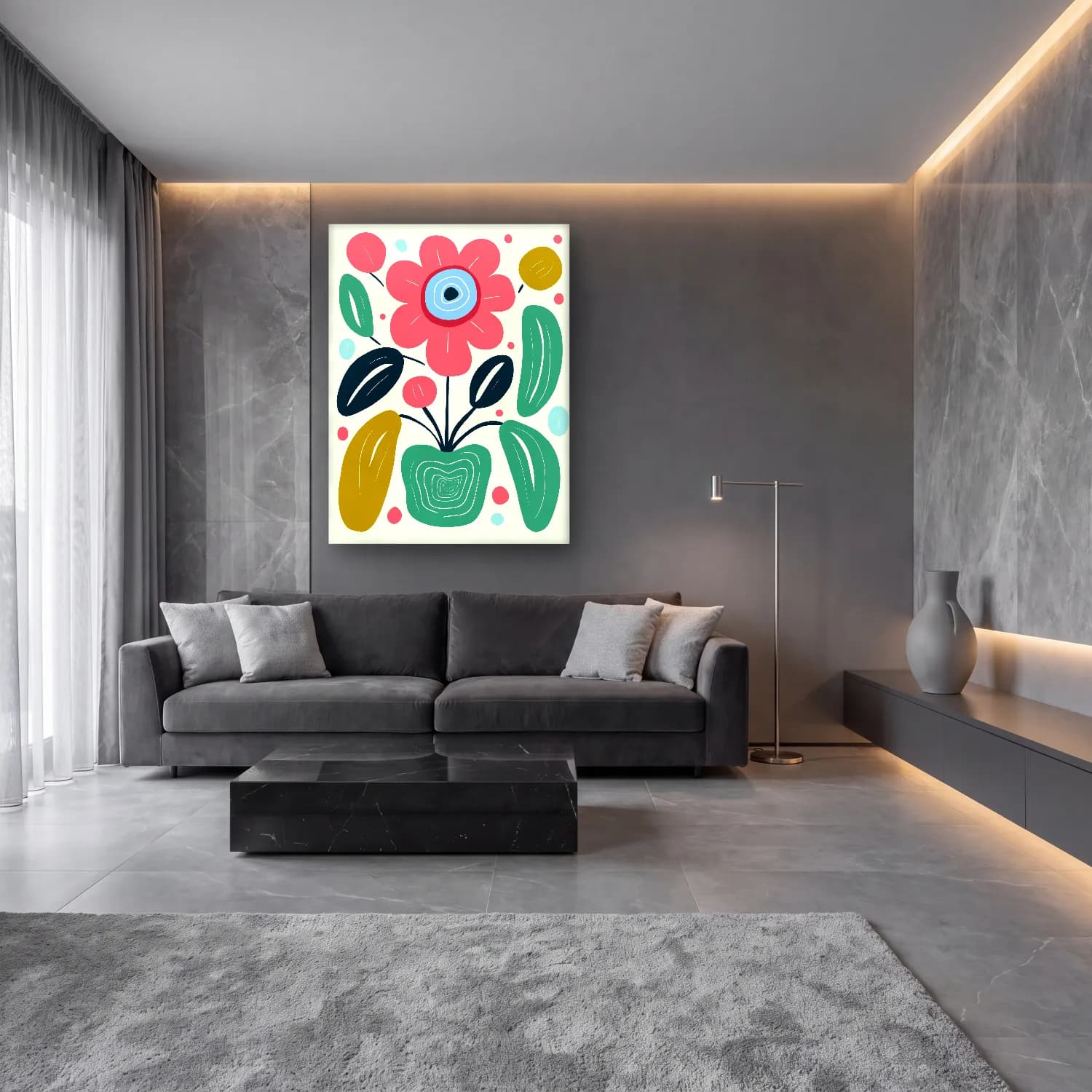 Boho Çiçek Deseni No. 60 cam tablo — lüks salon duvarında