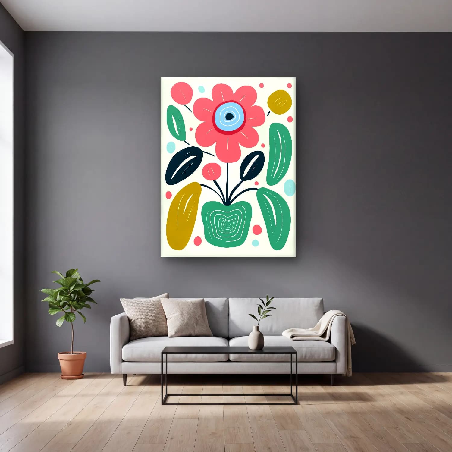 Boho Çiçek Deseni No. 60 cam tablo — gri duvarlı salonda