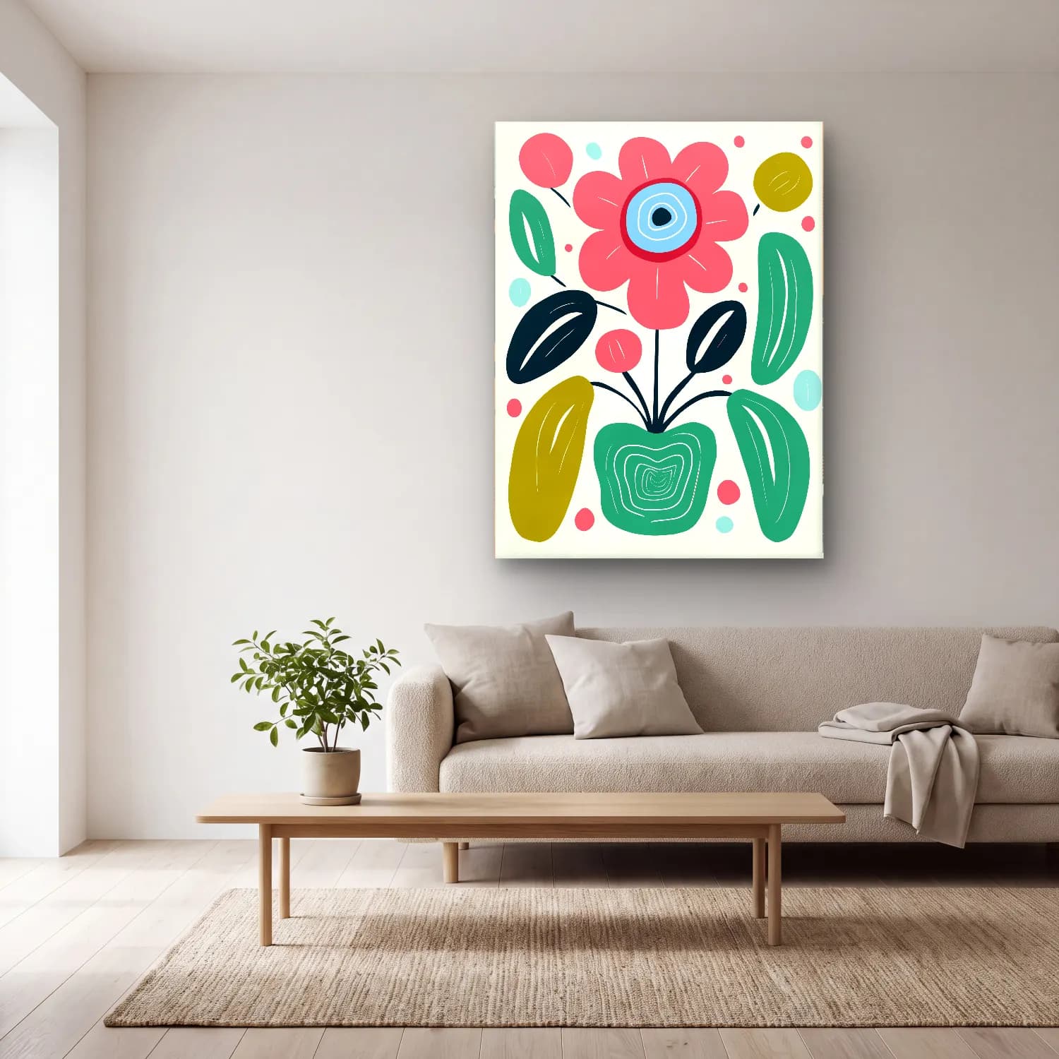 Boho Çiçek Deseni No. 60 cam tablo — açık renk salonda