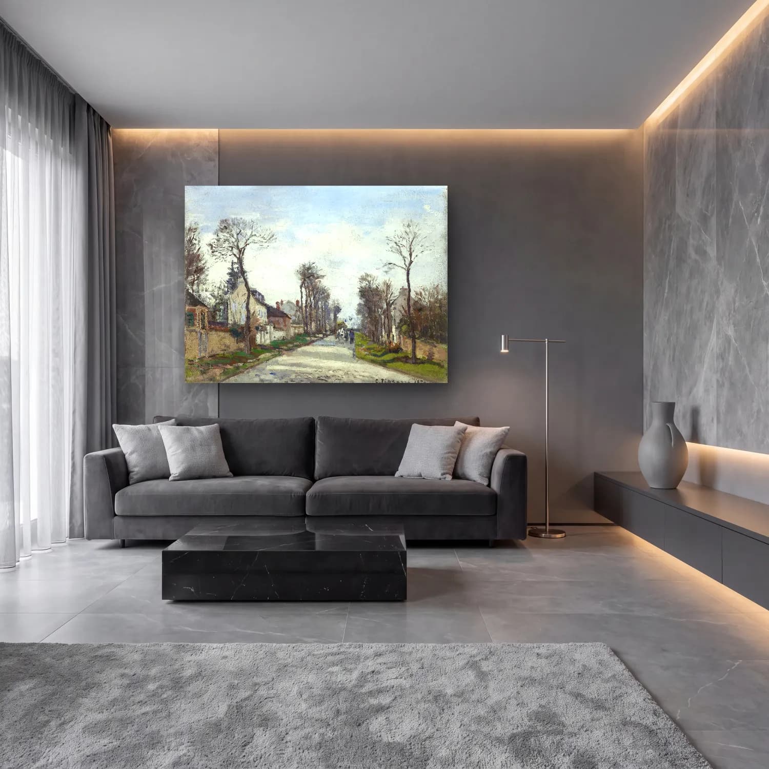 Camille Pissarro – Versailles road, Louveciennes cam tablo — lüks salon duvarında