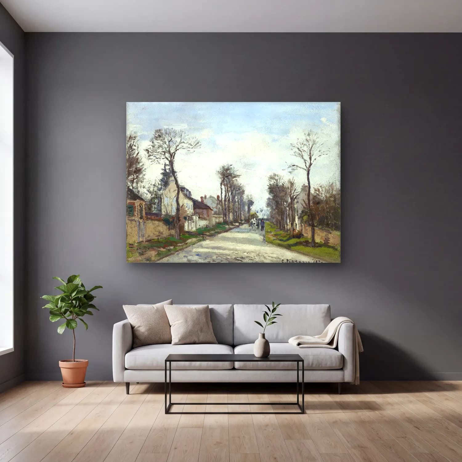 Camille Pissarro – Versailles road, Louveciennes cam tablo — gri duvarlı salonda
