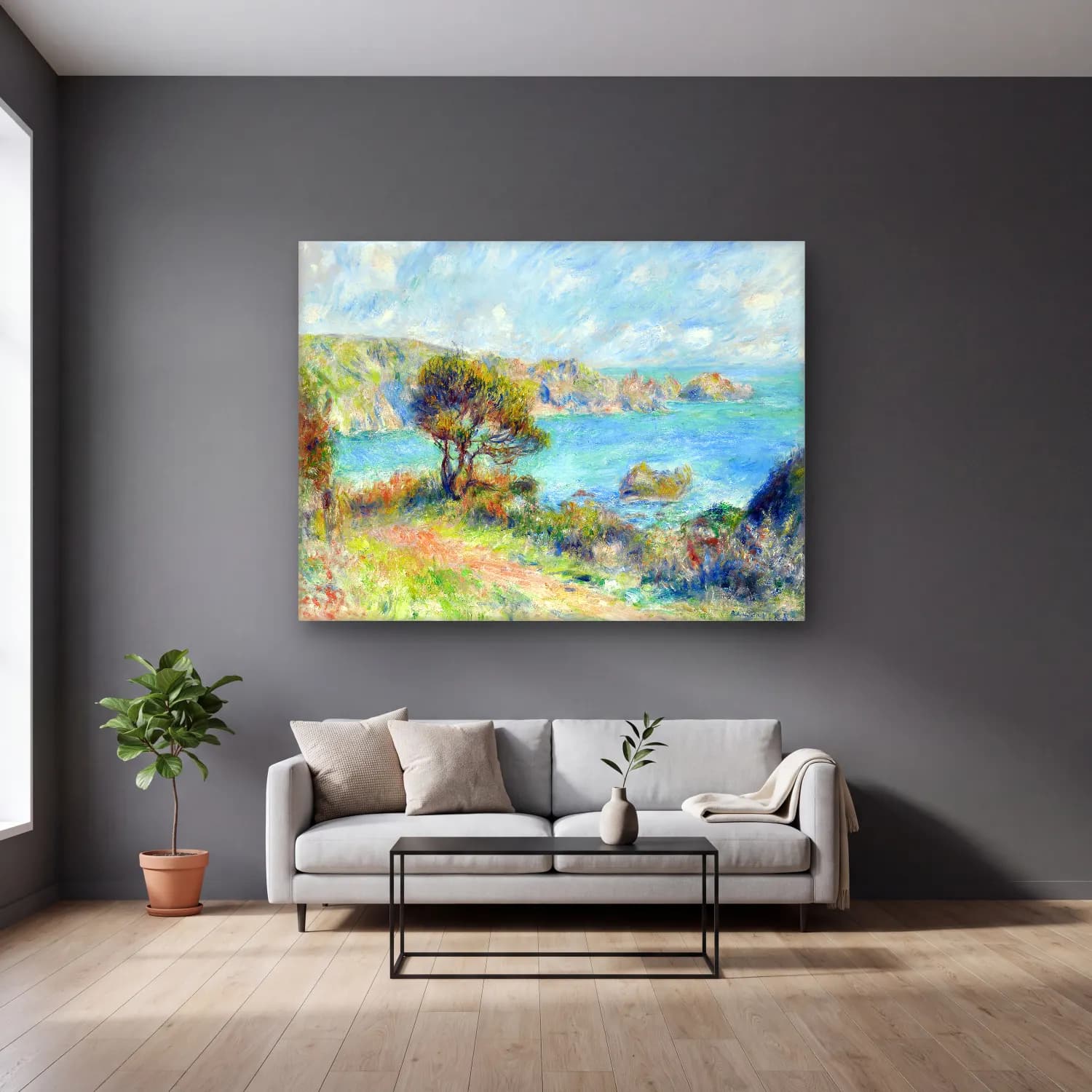 Pierre-Auguste Renoir – View at Guernsey vintage cam tablo — gri duvarlı salonda
