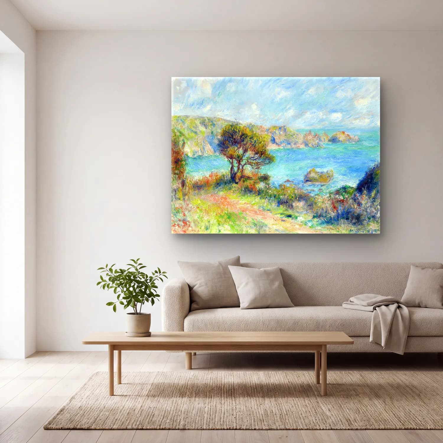 Pierre-Auguste Renoir – View at Guernsey vintage cam tablo — açık renk salonda