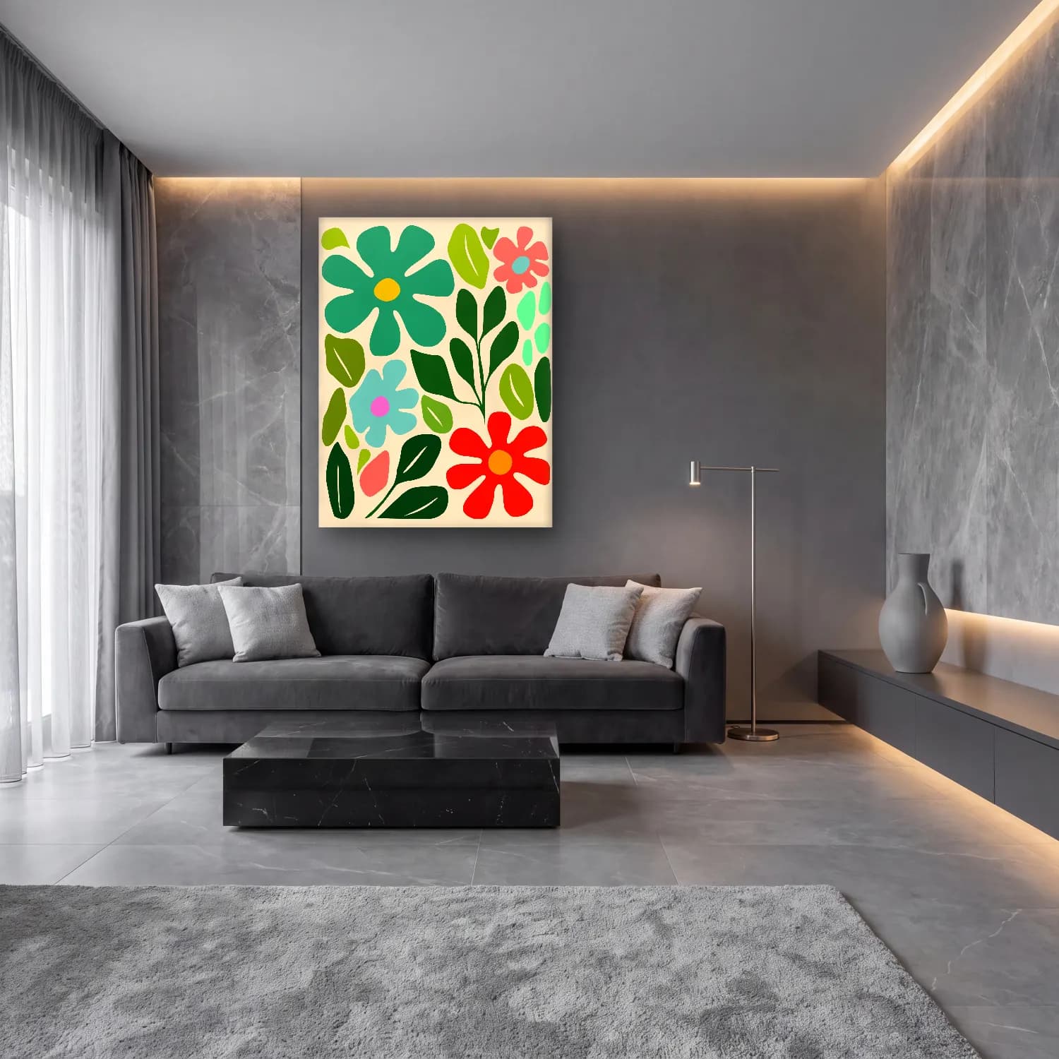 Boho Çiçek Deseni No. 61 cam tablo — lüks salon duvarında