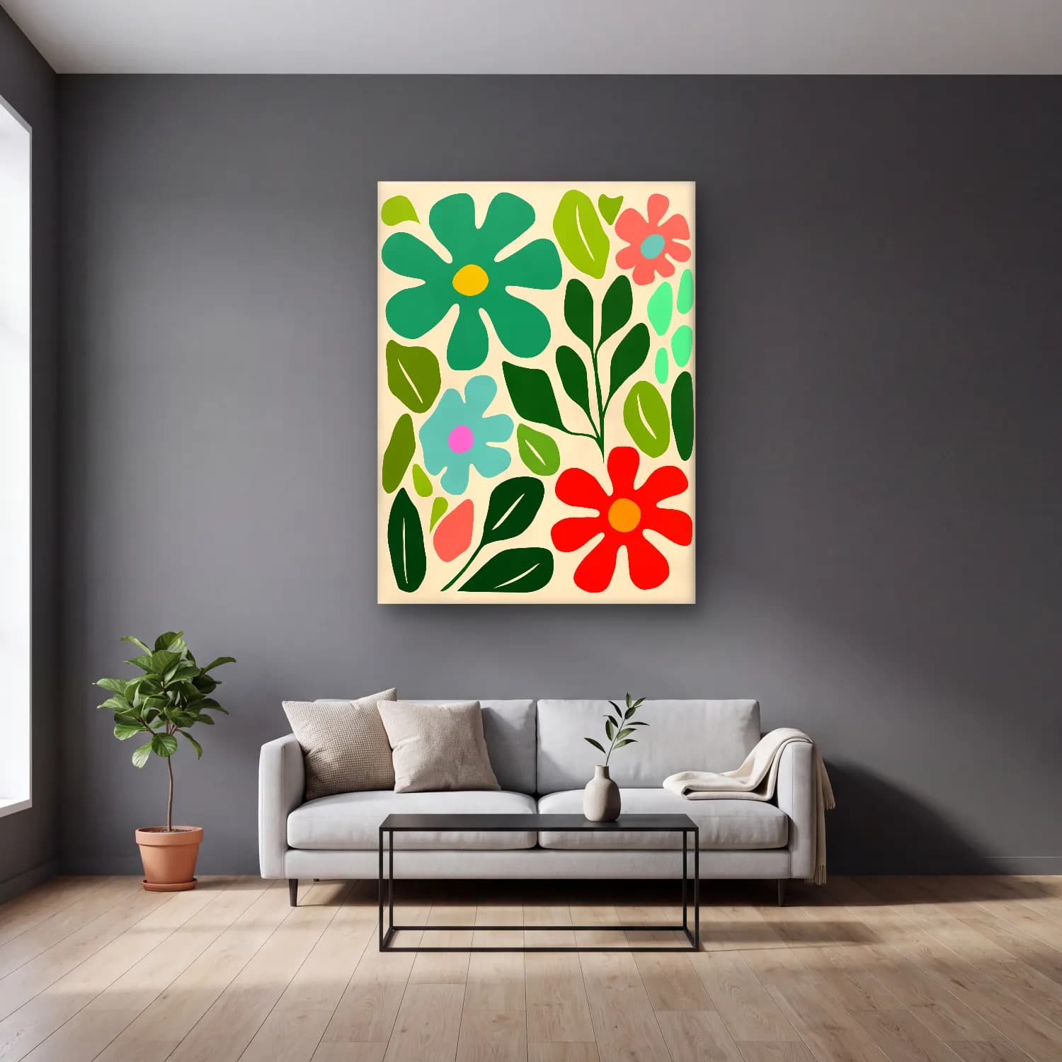 Boho Çiçek Deseni No. 61 cam tablo — gri duvarlı salonda