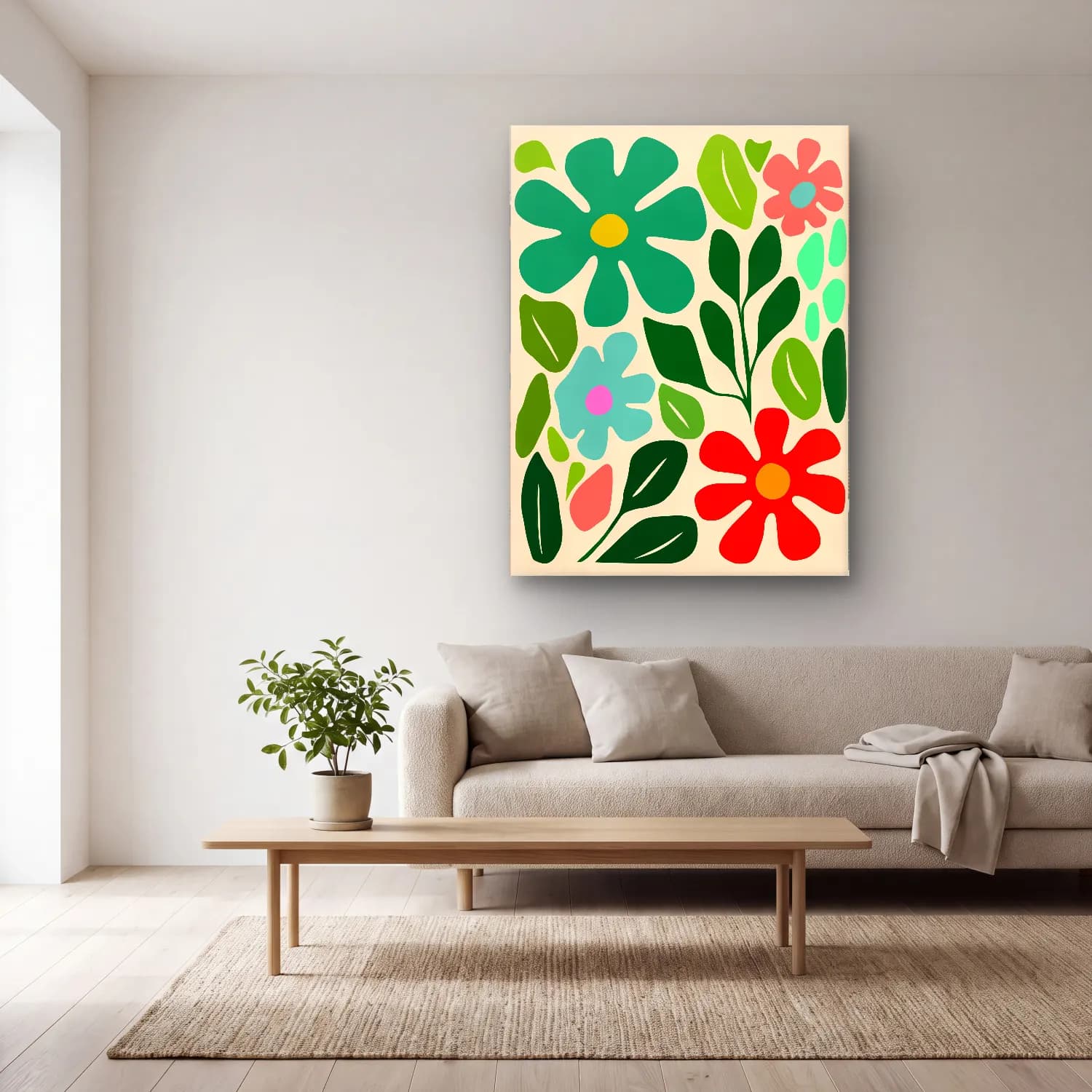 Boho Çiçek Deseni No. 61 cam tablo — açık renk salonda